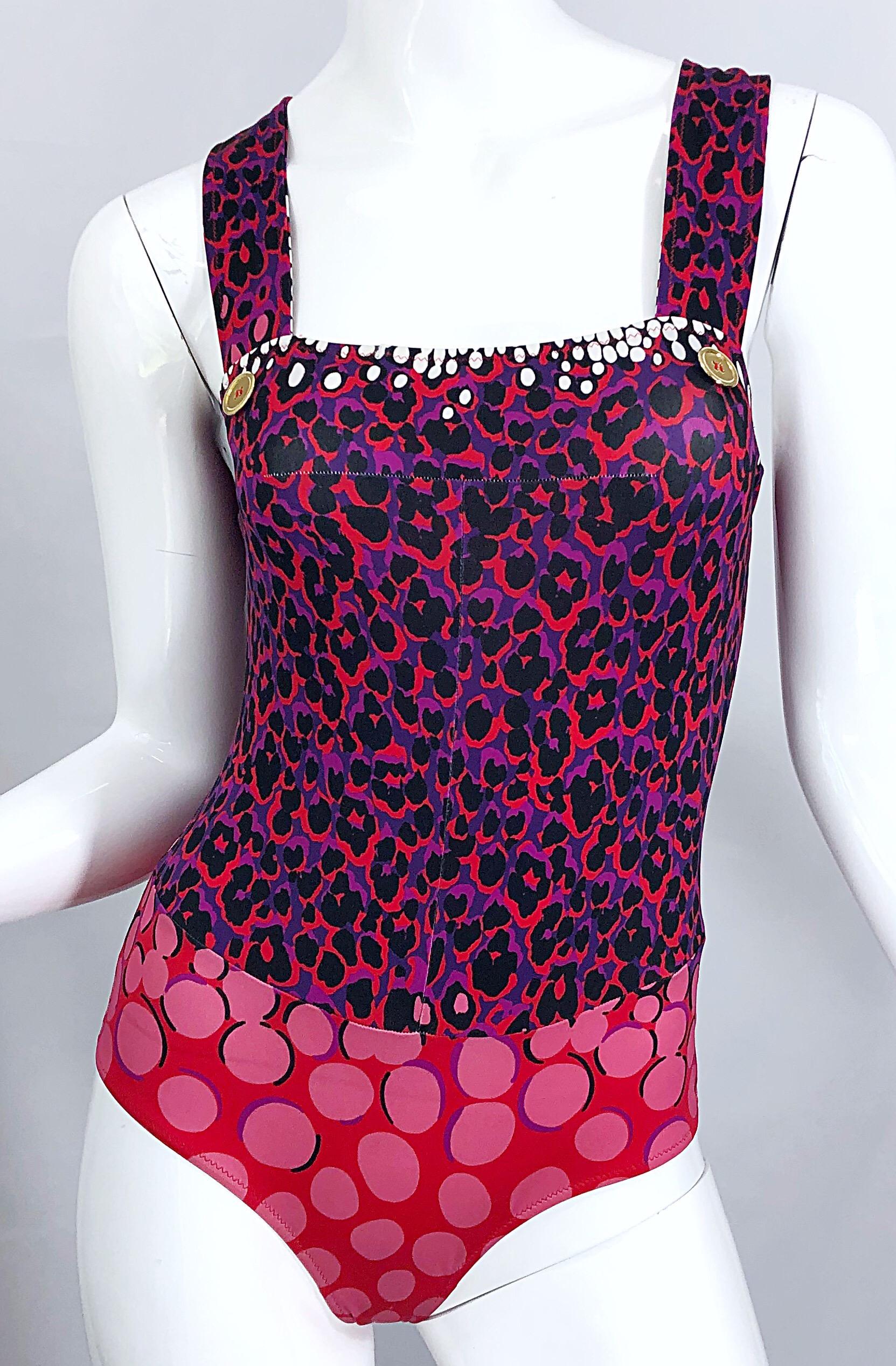Women's New Yves Saint Laurent Leopard Polka Dot Purple Red One Piece Swimsuit Bodysuit For Sale