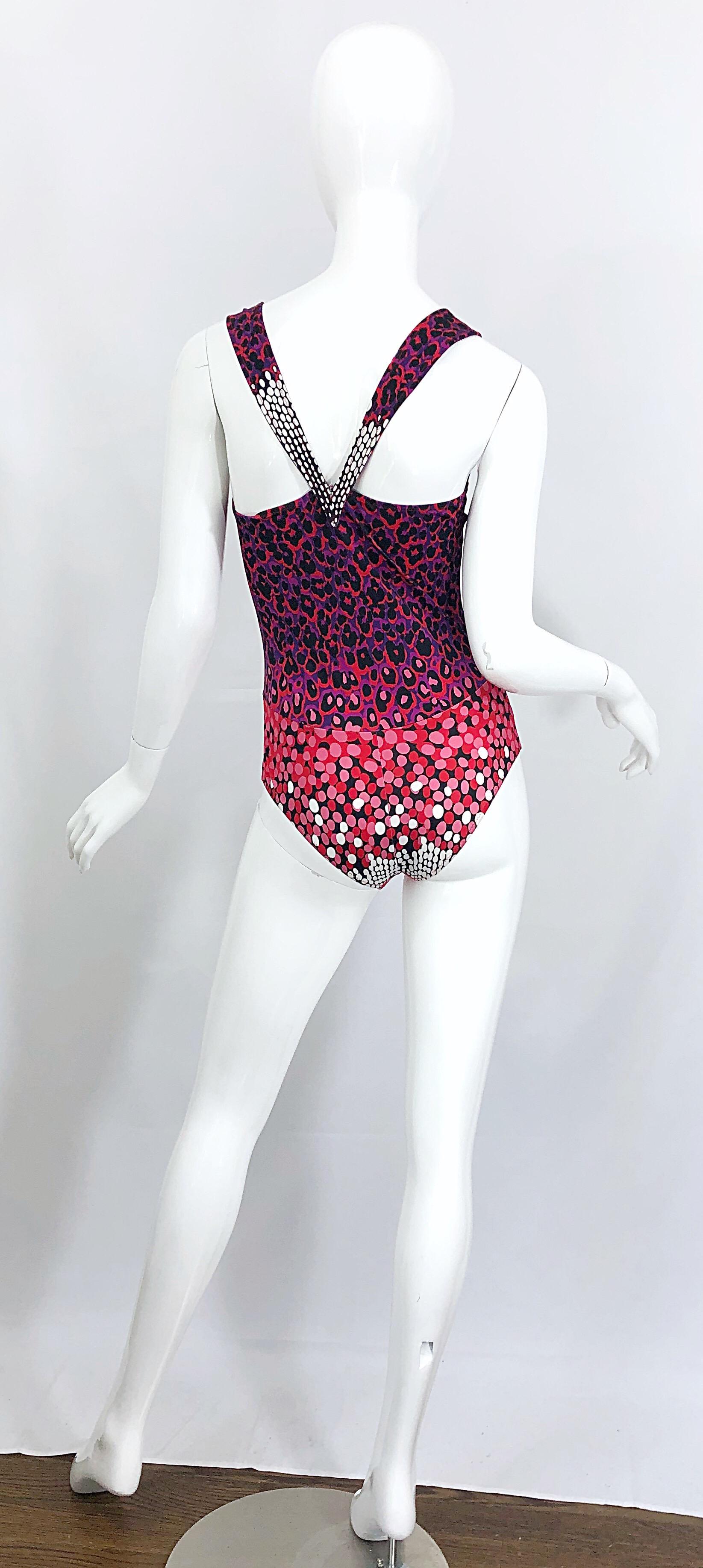 New Yves Saint Laurent Leopard Polka Dot Purple Red One Piece Swimsuit Bodysuit For Sale 1