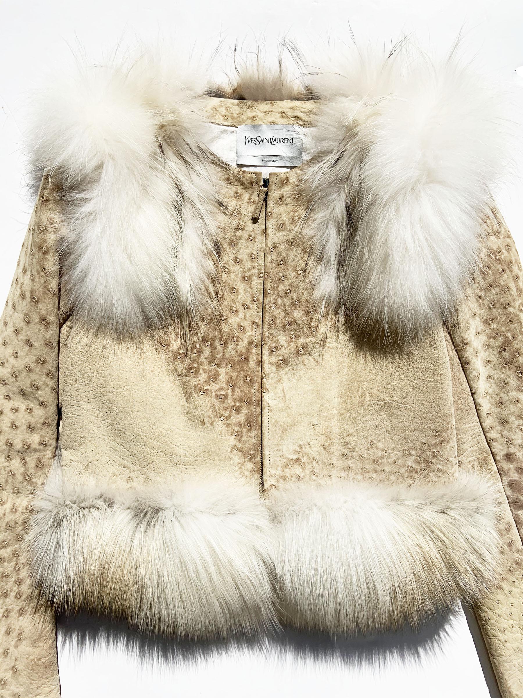 Beige New Yves Saint Laurent - Giacca in pelliccia di struzzo, volpe e coniglio 40 - US 4