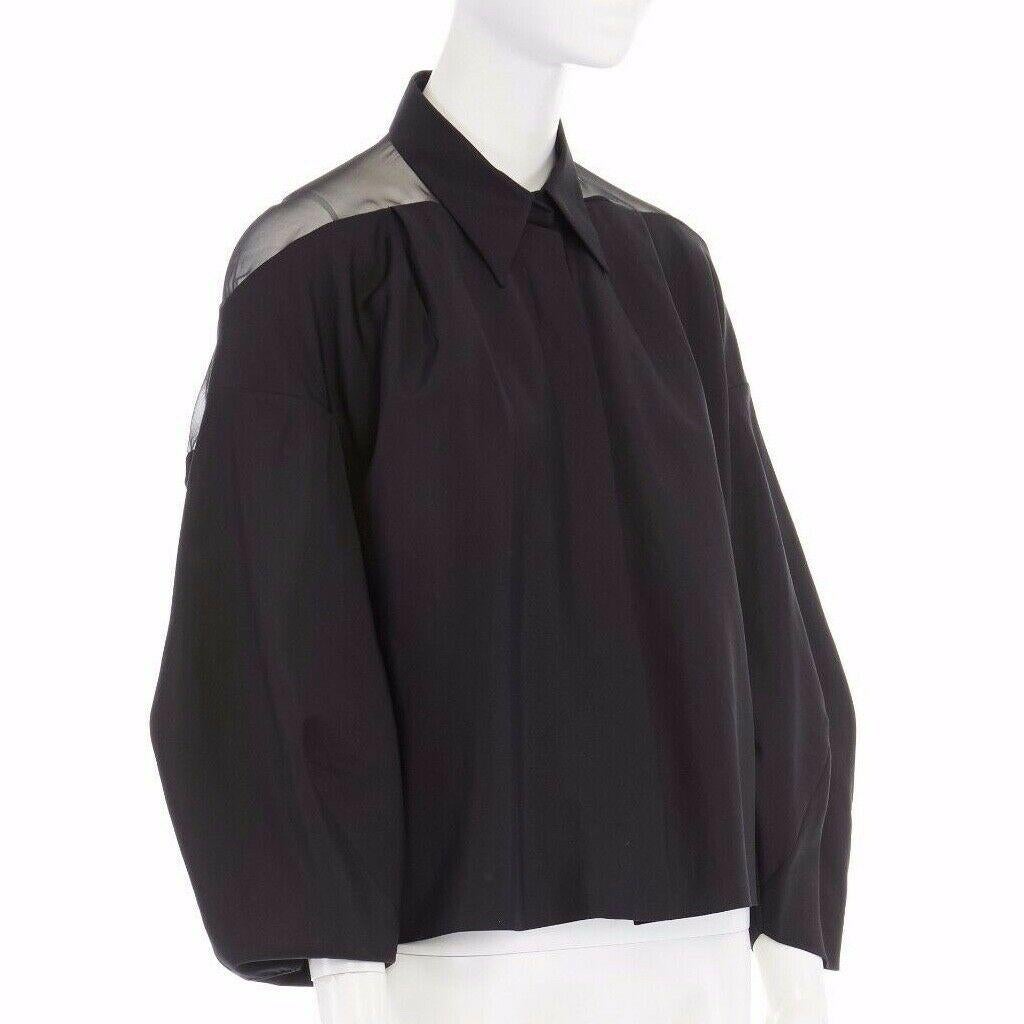 Black new YVES SAINT LAURENT PILATI sheer back balloon sleeves cotton shirt FR34 XS