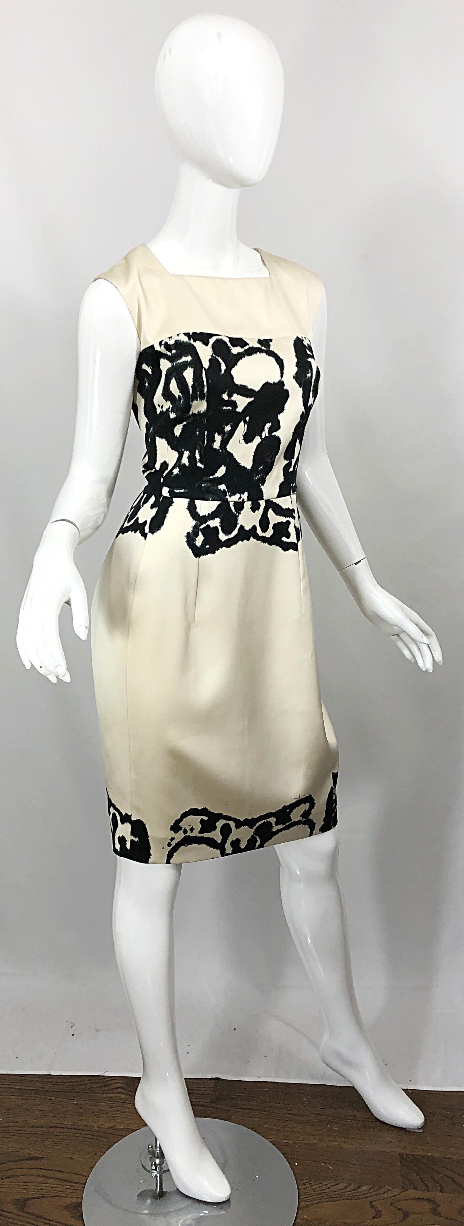 New Yves Saint Laurent Size 42 / 8-10 Ivory and Black Abstract Print Silk Dress 8