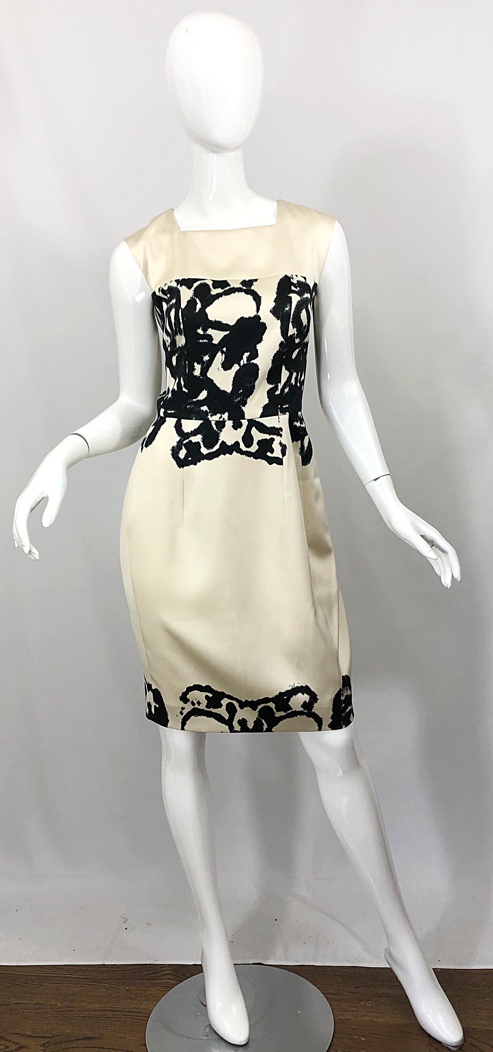 New Yves Saint Laurent Size 42 / 8-10 Ivory and Black Abstract Print Silk Dress 9