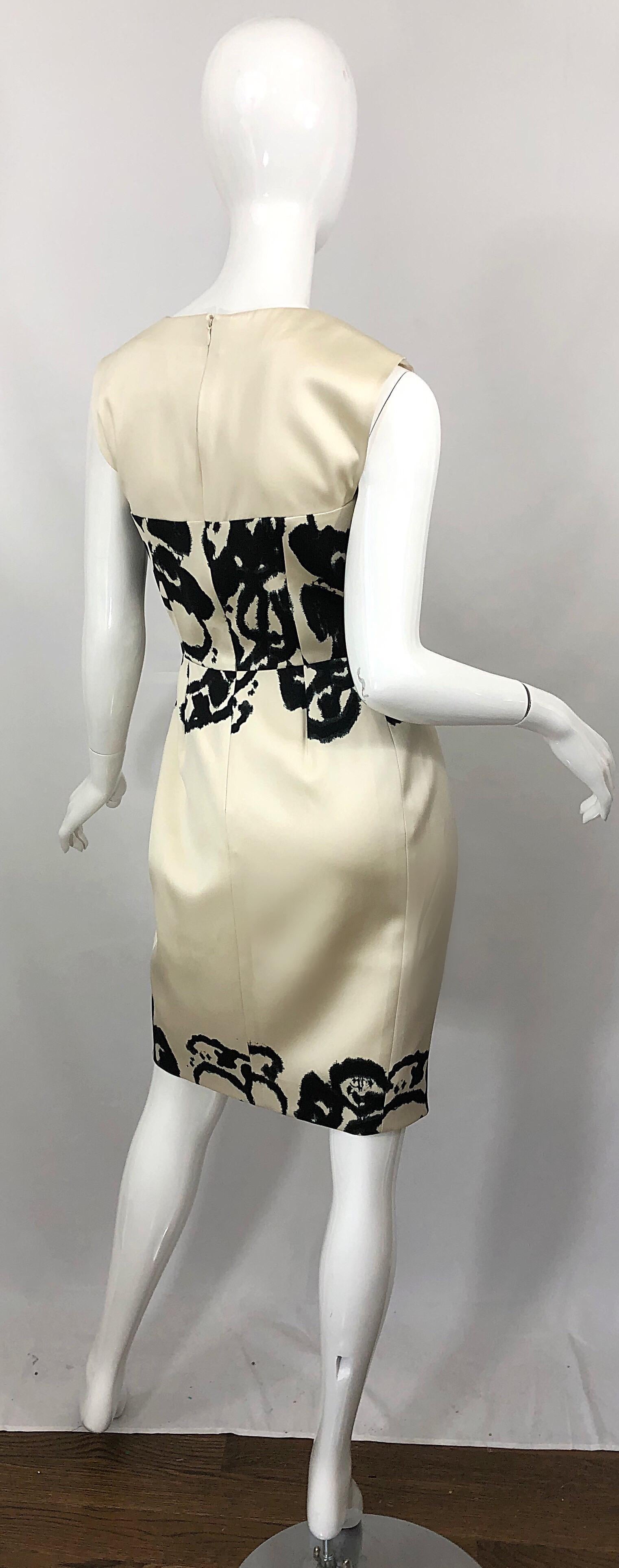 Women's New Yves Saint Laurent Size 42 / 8-10 Ivory and Black Abstract Print Silk Dress