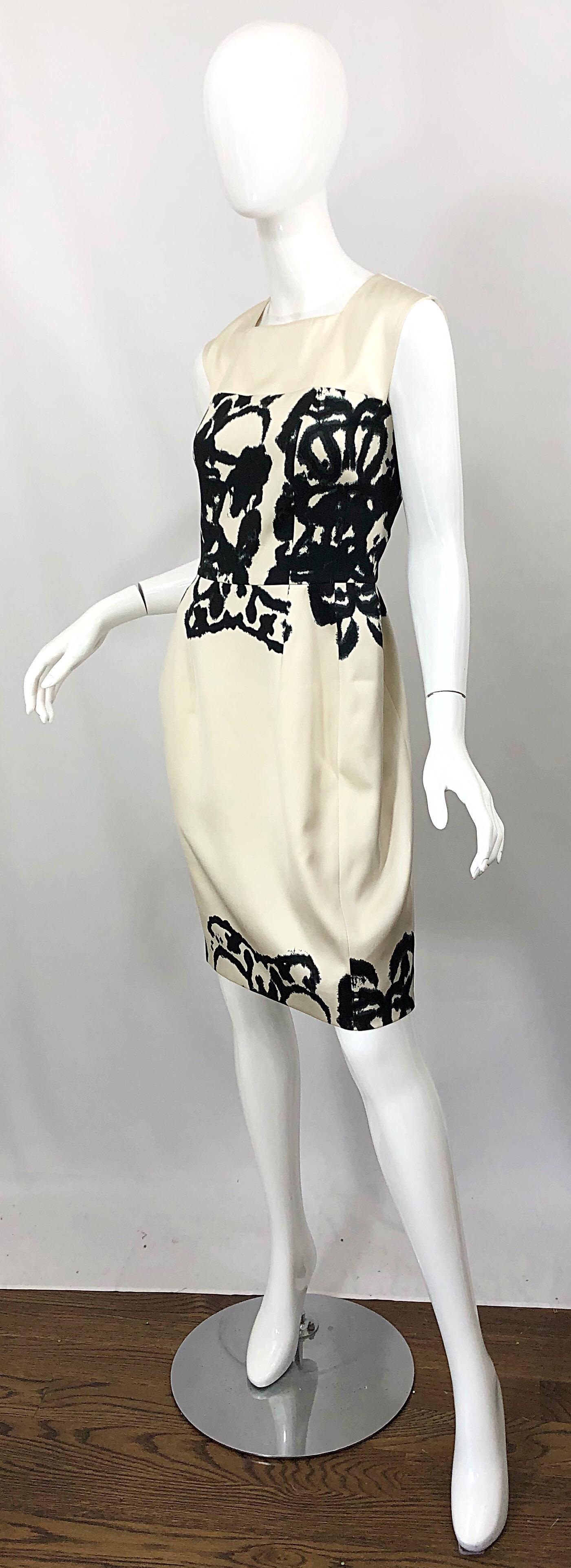 New Yves Saint Laurent Size 42 / 8-10 Ivory and Black Abstract Print Silk Dress 1