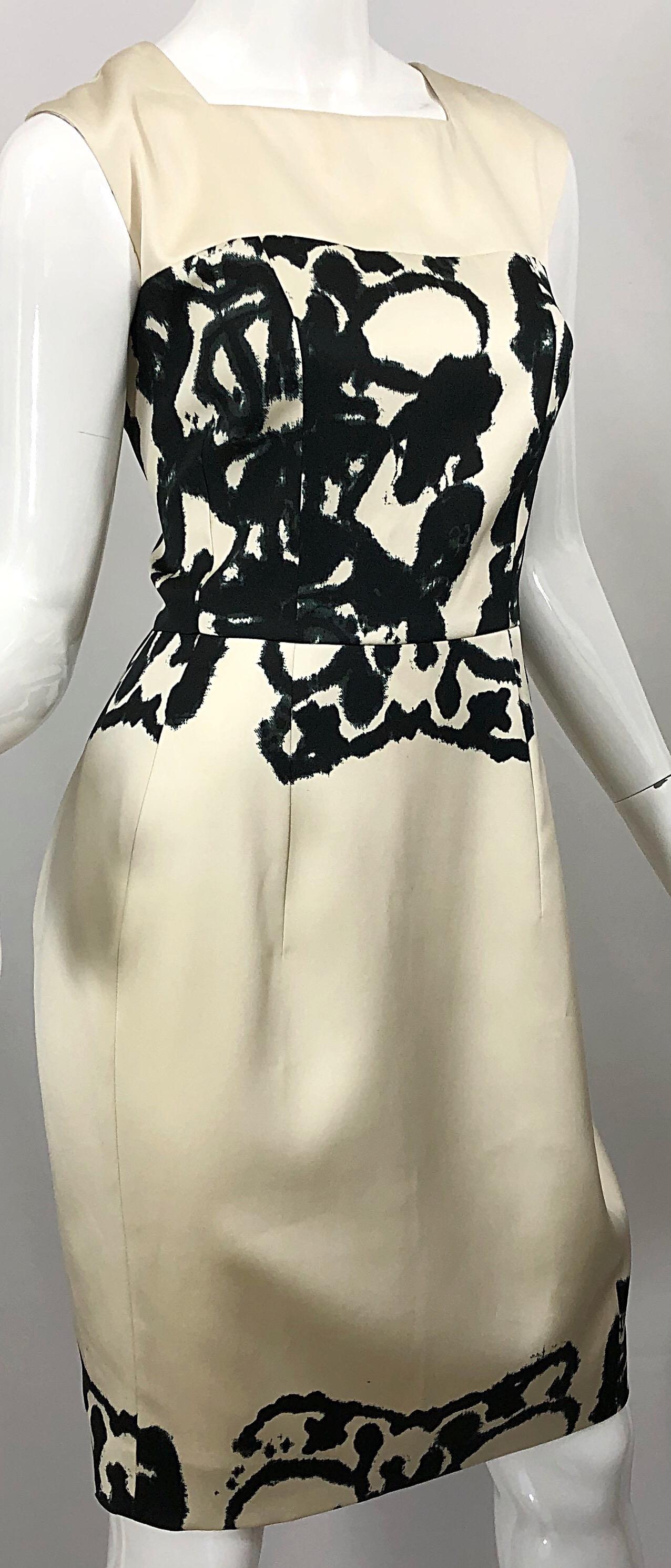 New Yves Saint Laurent Size 42 / 8-10 Ivory and Black Abstract Print Silk Dress 4