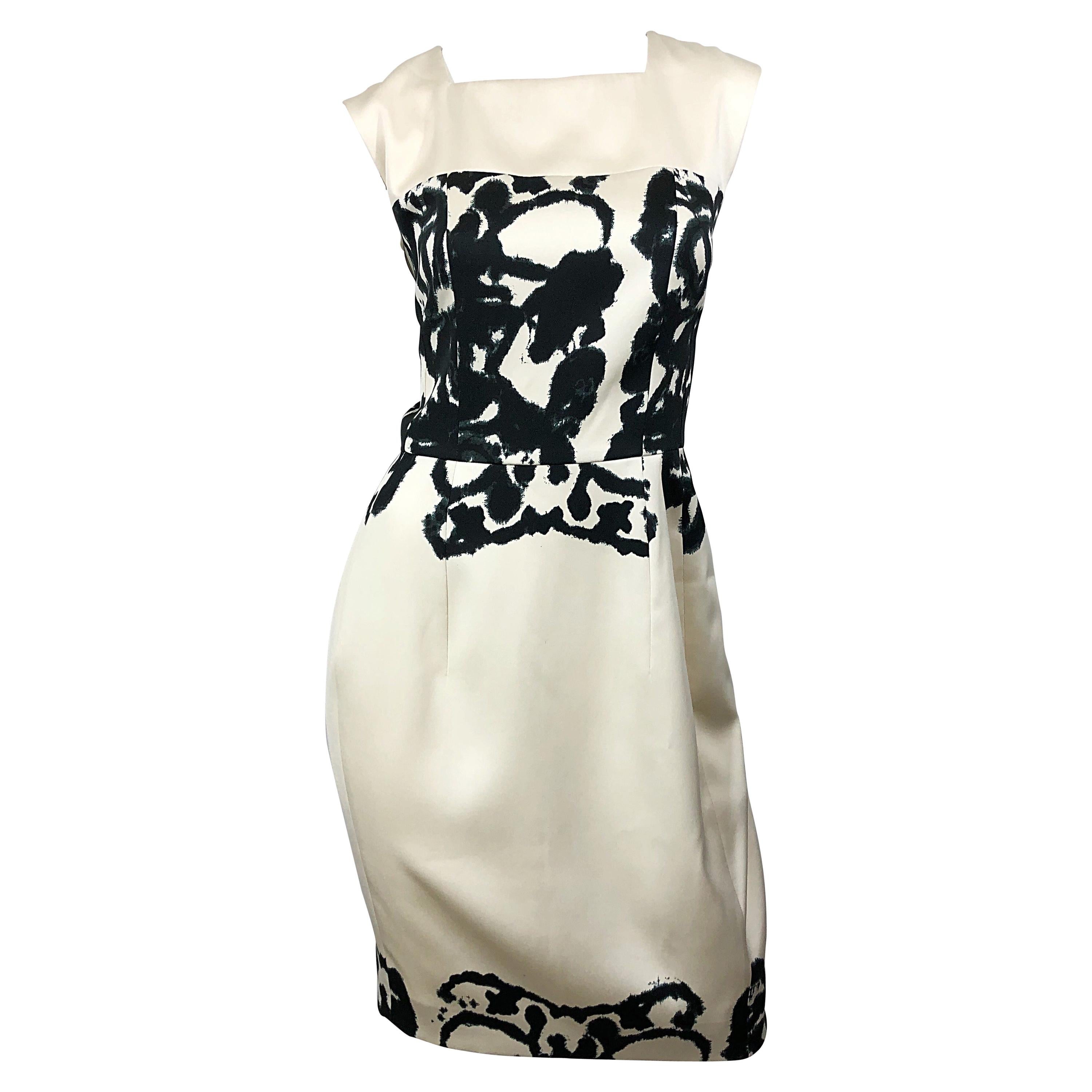 New Yves Saint Laurent Size 42 / 8-10 Ivory and Black Abstract Print Silk Dress