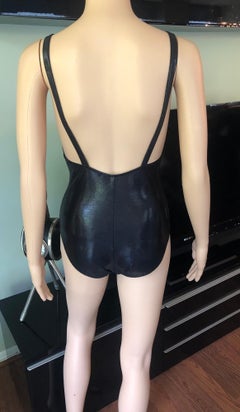 New Yves Saint Laurent YSL Plunging Open Back Metallic Wet Look Black Swimsuit