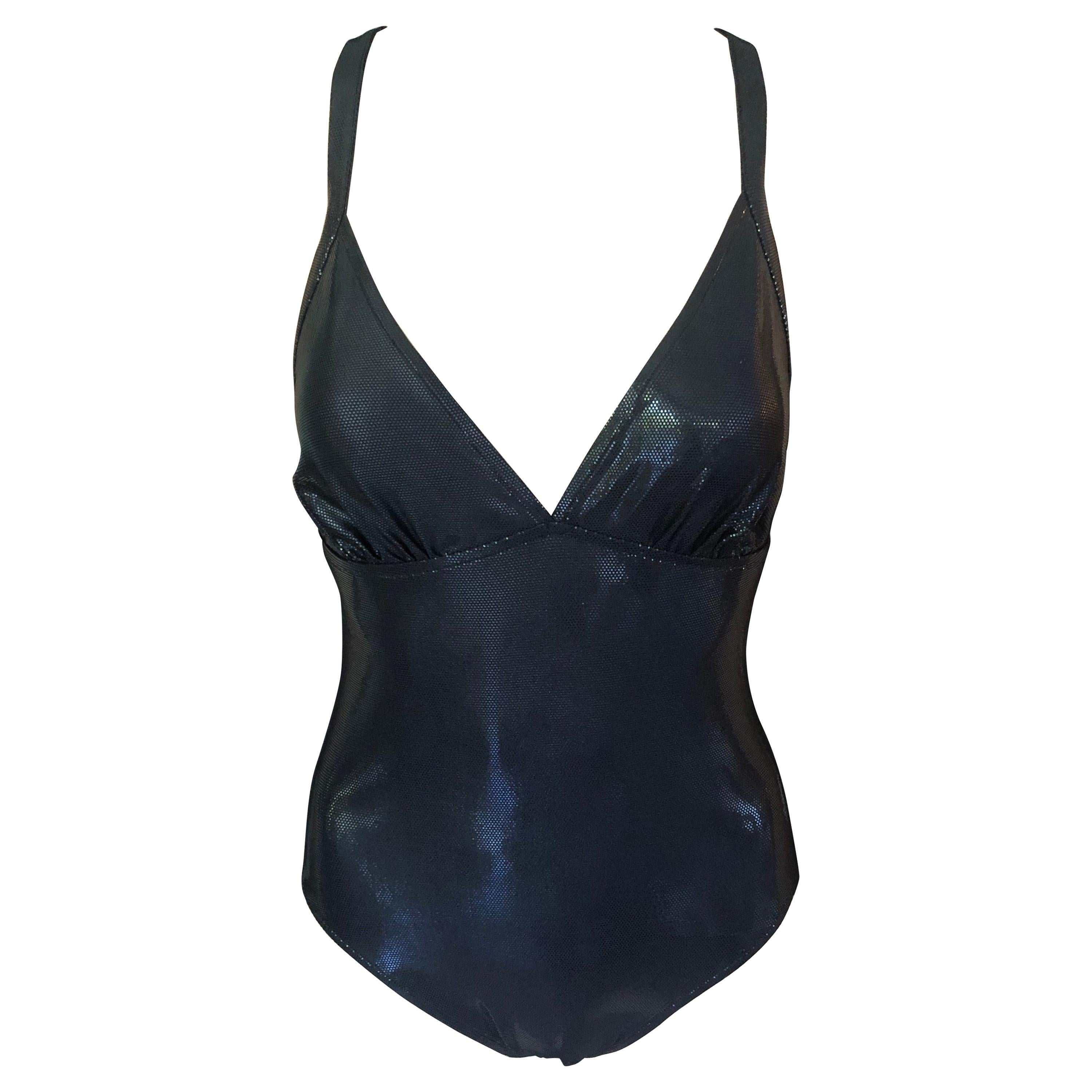 New Yves Saint Laurent YSL Plunging Open Back Metallic Wet Look Black Swimsuit  For Sale