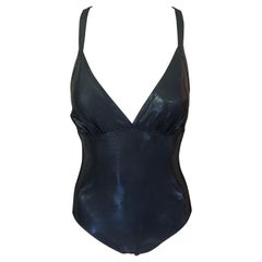 New Yves Saint Laurent YSL Plunging Open Back Metallic Wet Look Black Swimsuit 