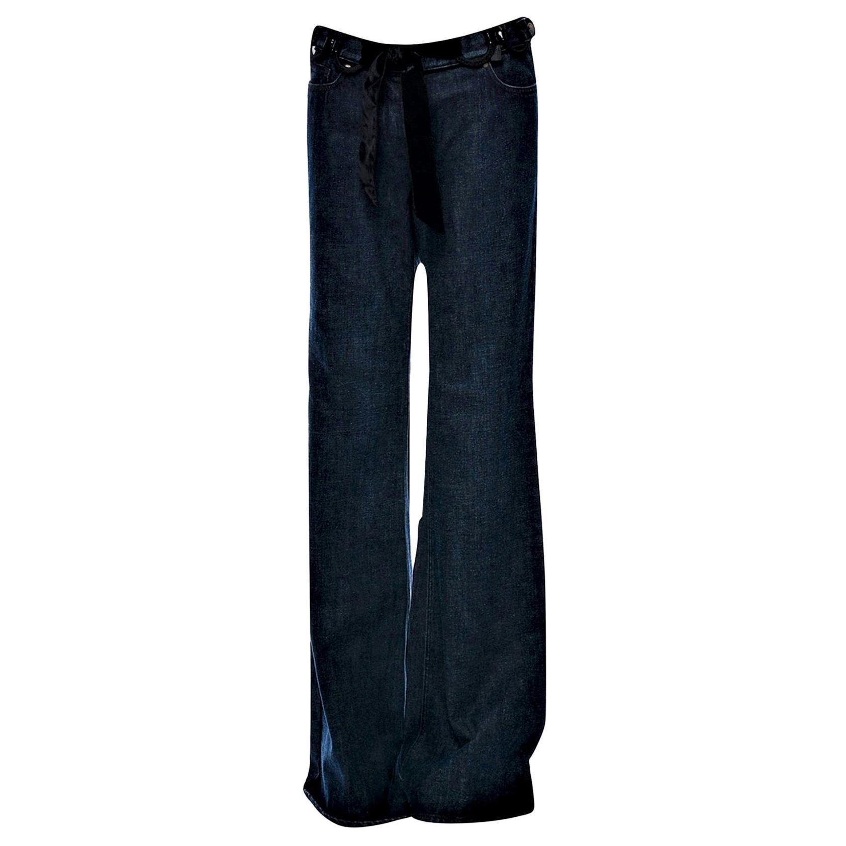 Stefano Pilati for Yves Saint Laurent Debut Collection
S/S 2005
$1095
Brand New W/ Tags
Denim Bell Bottom Jeans
Detachable Velvet Belt
Velvet Piping on the Pockets & Waist
YSL Logo at Back Pocket
Size IT 42 
Waist: 33