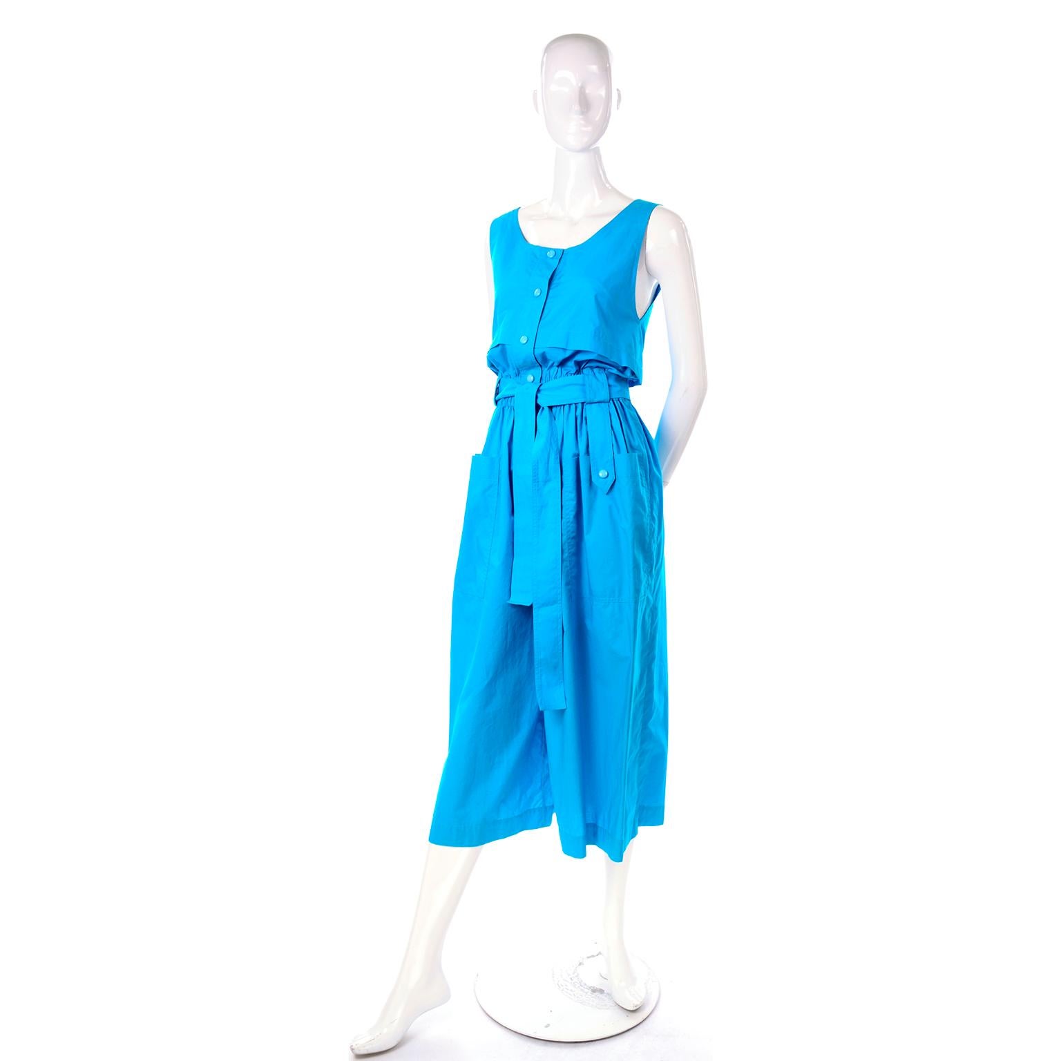 New Yves Saint Laurent YSL Vintage Blue Cotton Jumpsuit W Pockets & Belt w Tags In New Condition In Portland, OR
