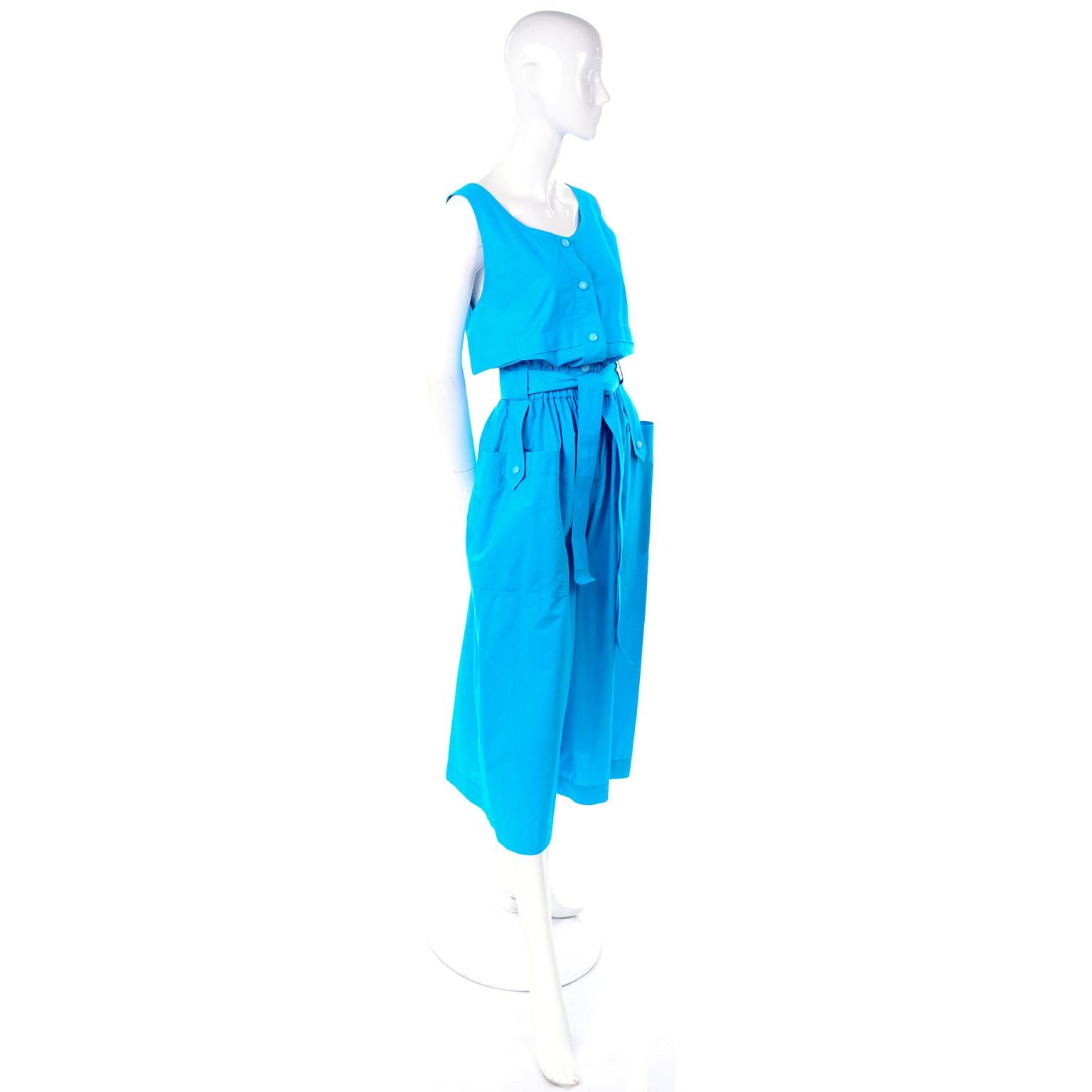 Women's New Yves Saint Laurent YSL Vintage Blue Cotton Jumpsuit W Pockets & Belt w Tags