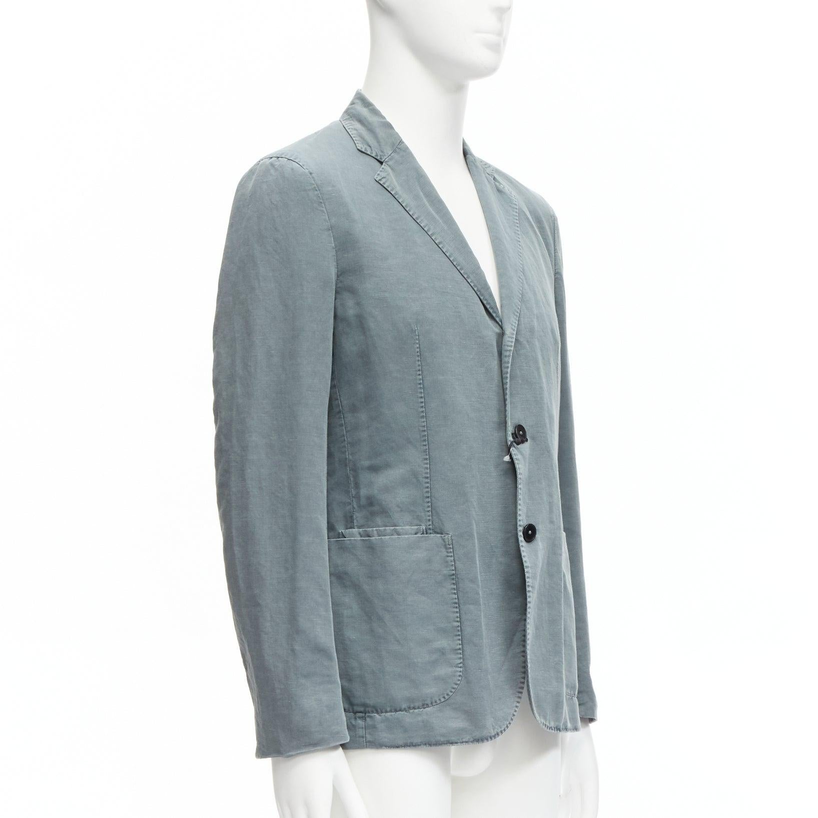 Gris new Z ZEGNA green grey washed linen cotton 3 button pocket fitted blazer L