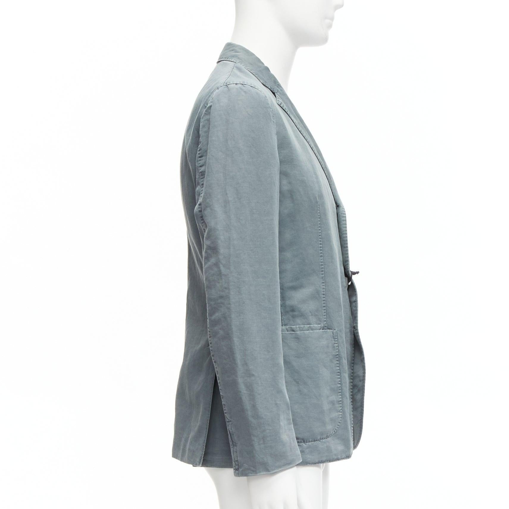 new Z ZEGNA green grey washed linen cotton 3 button pocket fitted blazer L Bon état à Hong Kong, NT