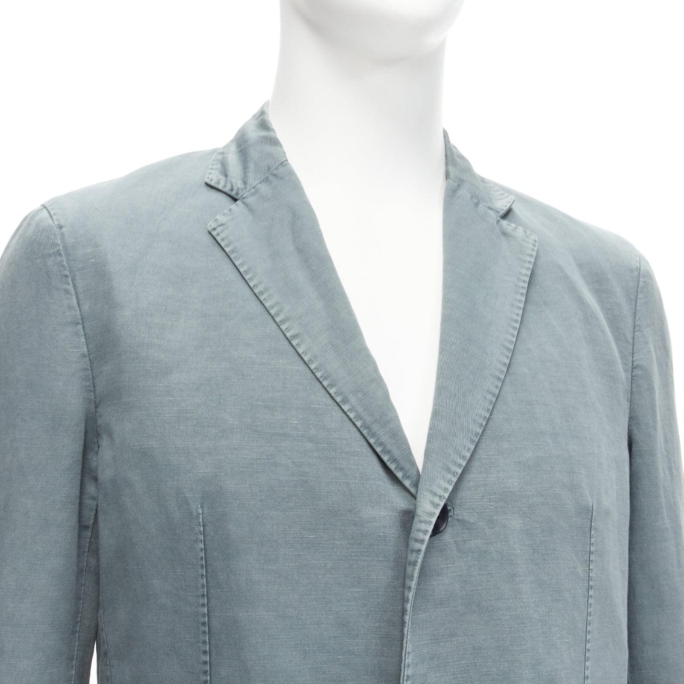 new Z ZEGNA green grey washed linen cotton 3 button pocket fitted blazer L 4