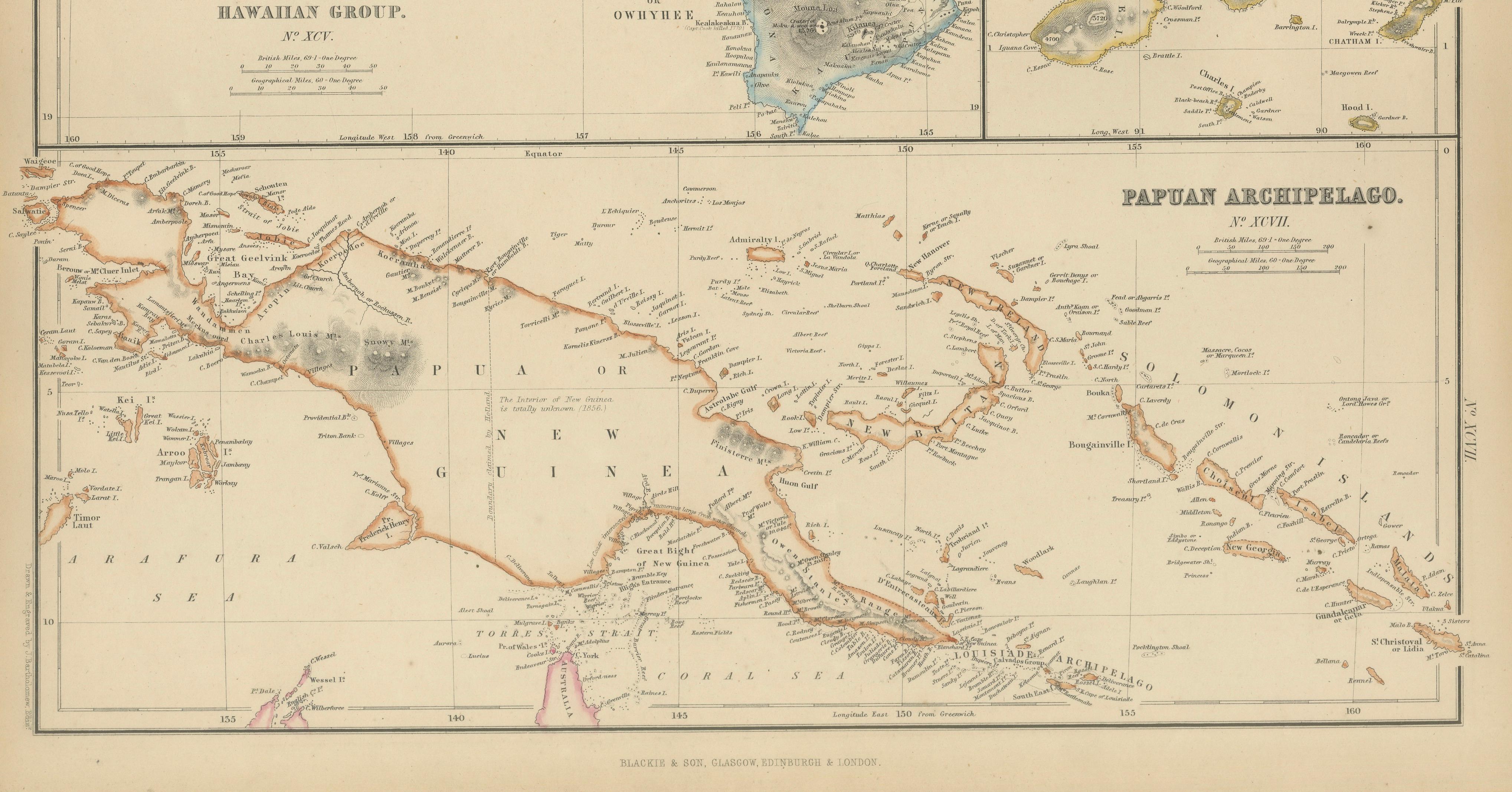 New Zealand, Antique Map, Pacific Islands, Sandwich Islands, Blackie Atlas 1860