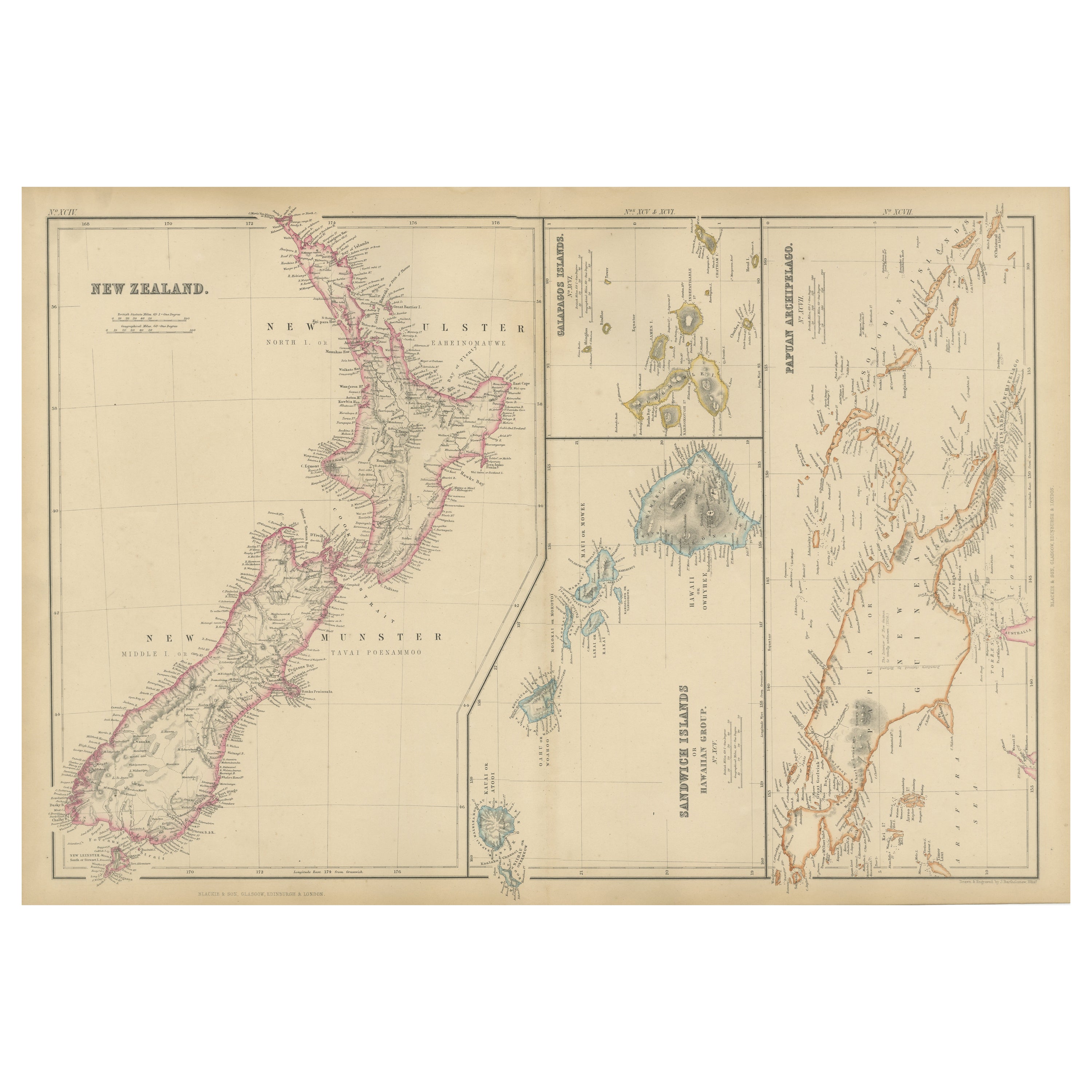 New Zealand, Antique Map, Pacific Islands, Sandwich Islands, Blackie Atlas 1860