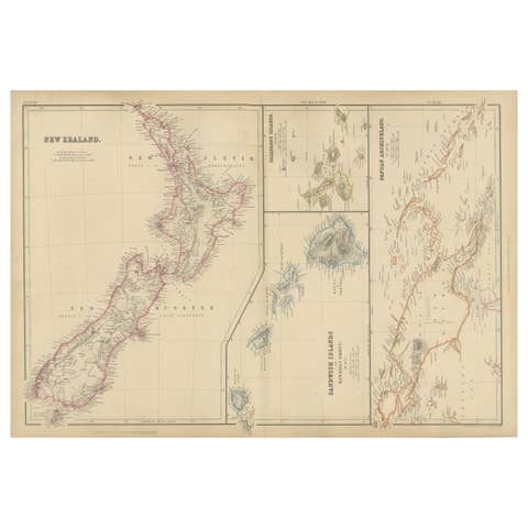 New Zealand, Antique Map, Pacific Islands, Sandwich Islands, Blackie Atlas 1860