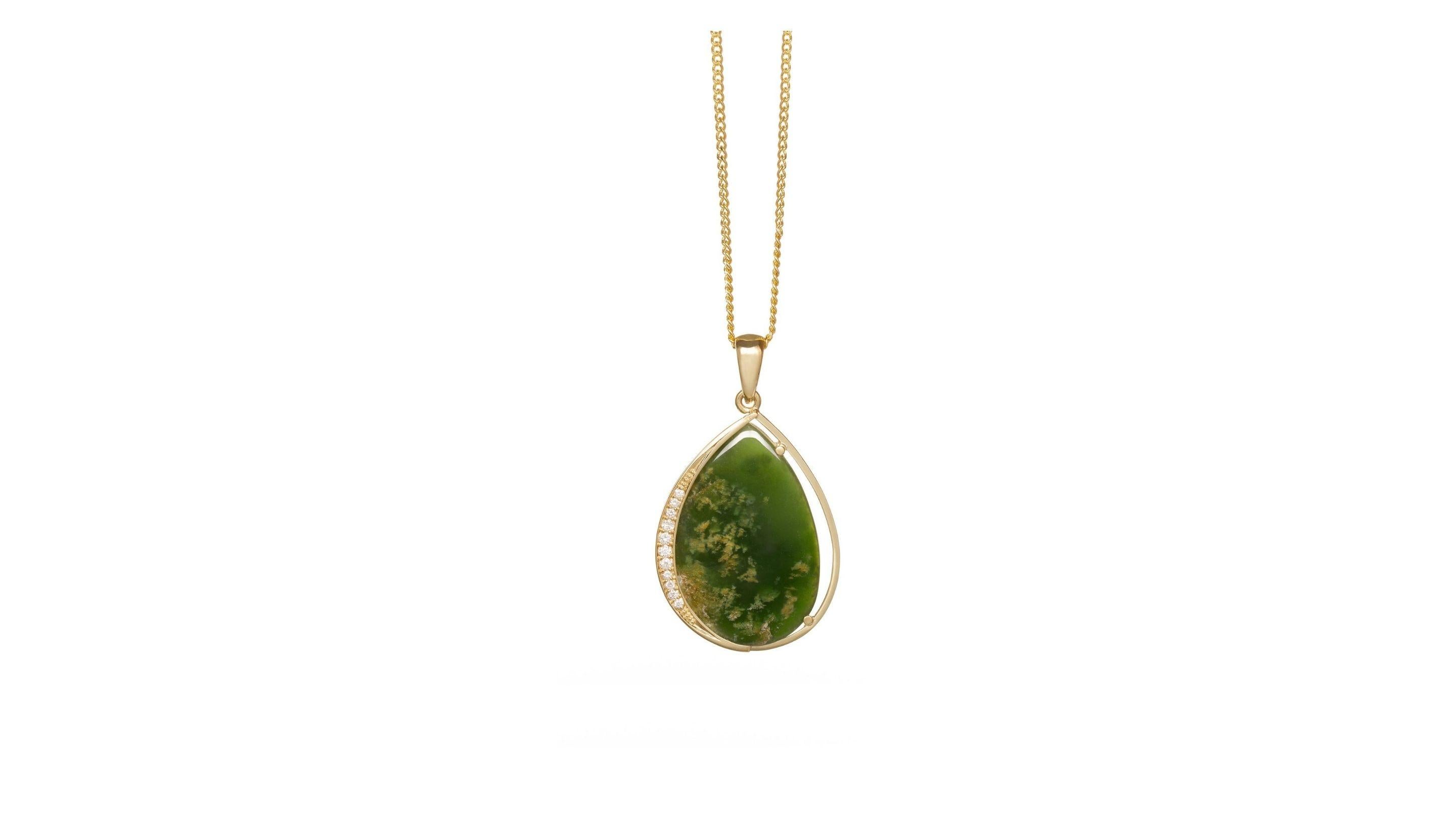 Contemporary New Zealand Flower Jade & Diamond Teardrop Necklace For Sale