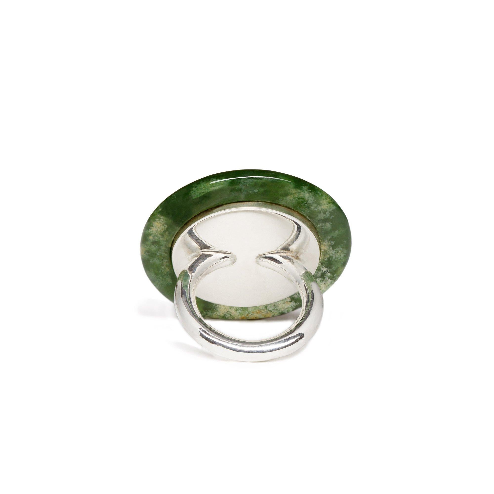 Contemporary New Zealand Flower Jade Dome Ring Sterling Silver For Sale