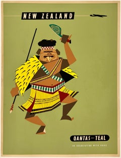 NEW ZEALAND QANTAS Original Vintage Airline Travel Tourism Poster MCM 15" x 20"