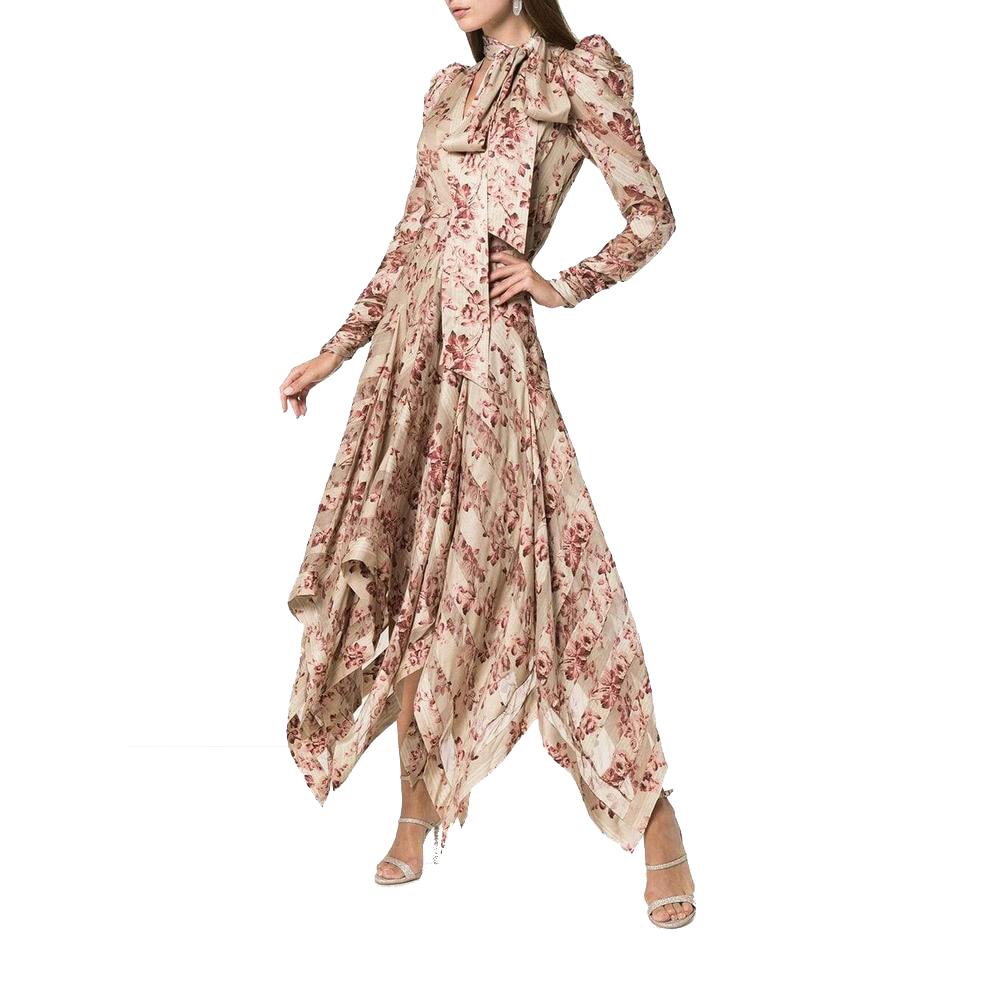 Exude youthful elegance at your next event in this silk dress, boasting a floral print and striped panelling throughout. 
The dress is complete with a neck tie, draped long sleeves and a handkerchief hem for effortless glamour.
Floral print
Striped
