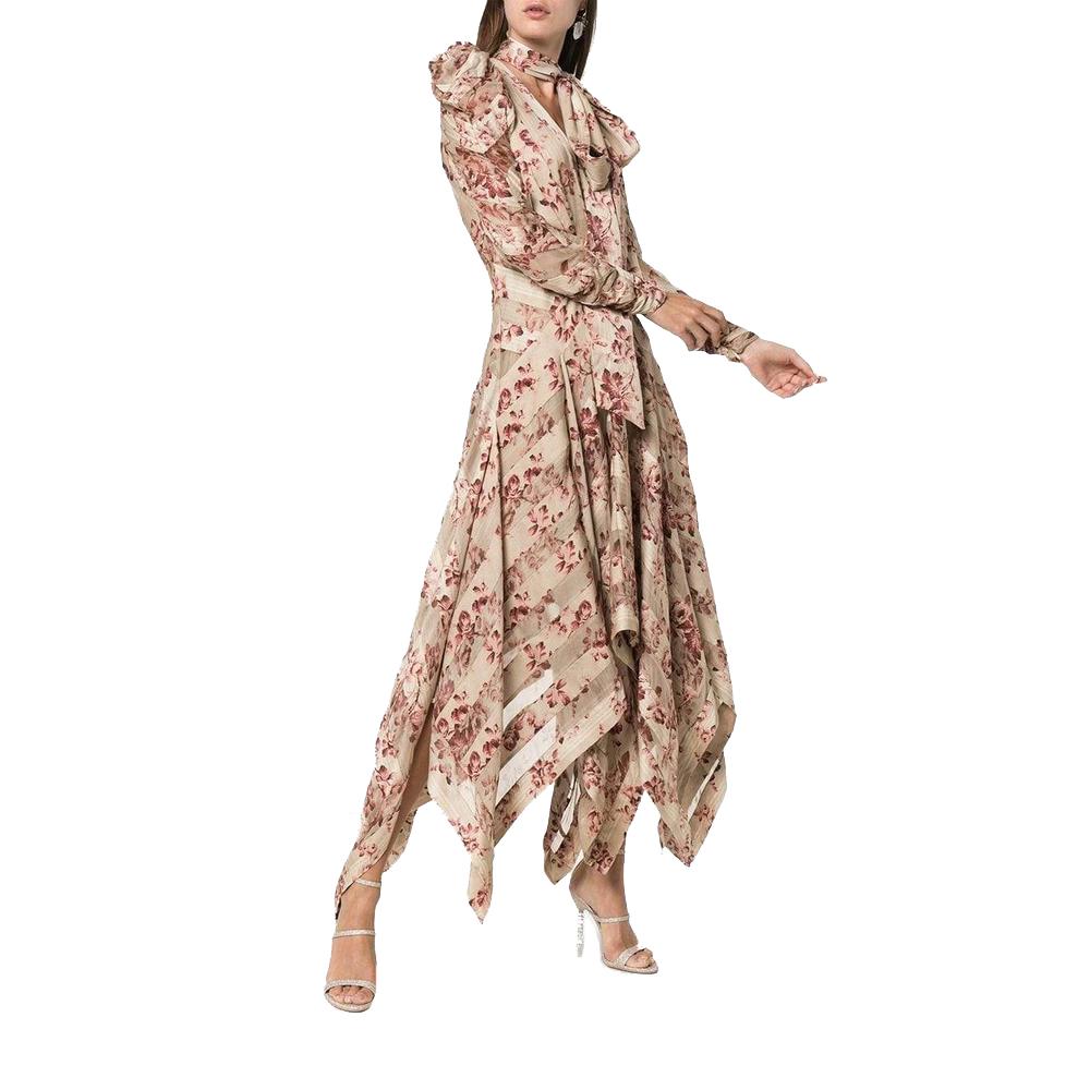Beige New Zimmermann Floral Printed and Neck Tie Silk-blend Dress US2-4 For Sale