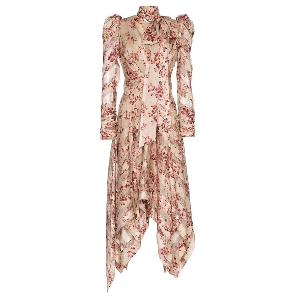 New Zimmermann Floral Printed and Neck Tie Silk-blend Dress US2-4 For Sale