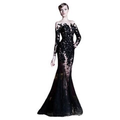 New ZUHAIR MURAD BLACK LACE EMBELLISHED EVENING GOWN IT 40 - 4 