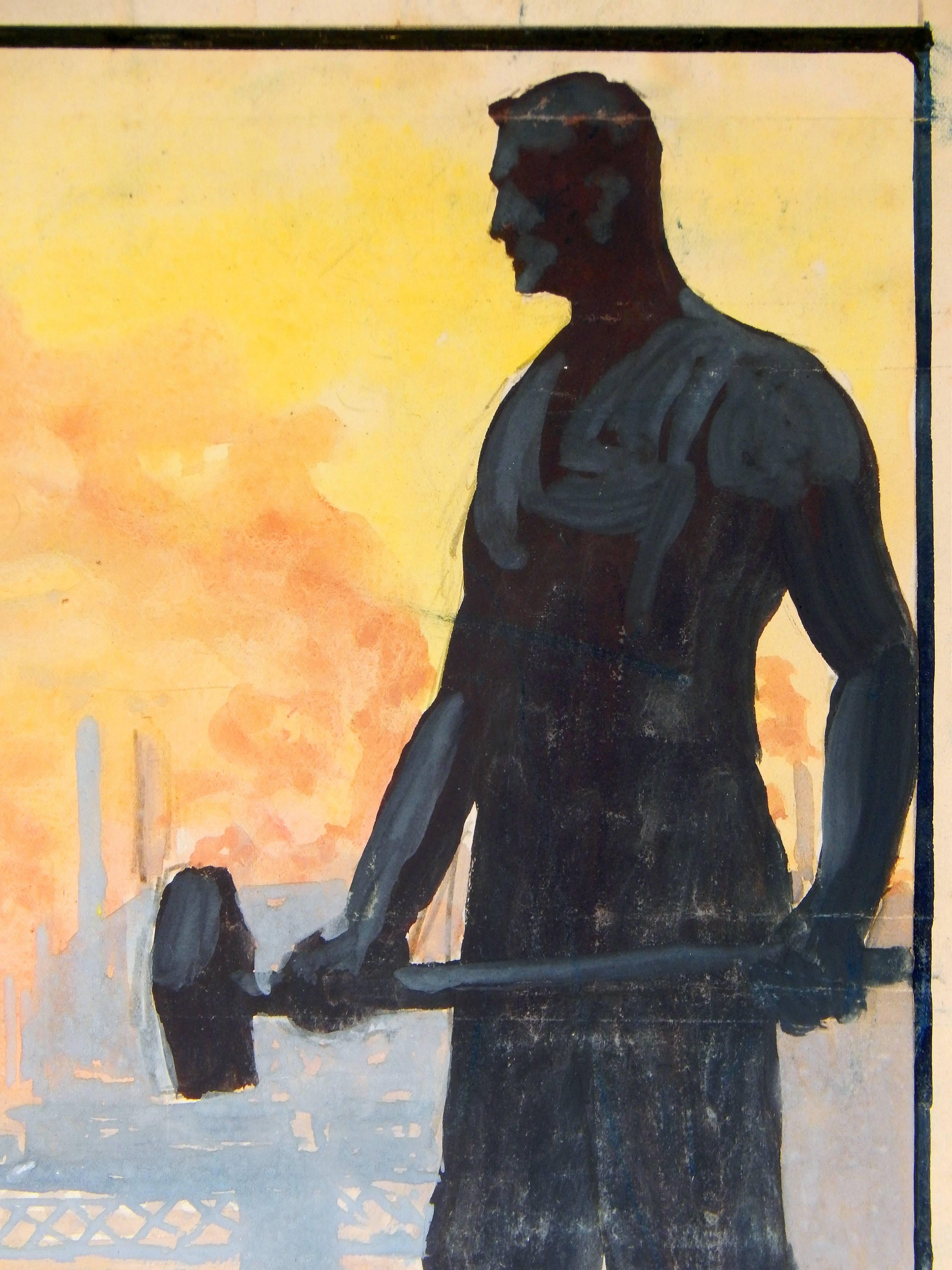 Brilliantly juxtaposing the silhouette of an factory worker, with his sledgehammer, against the backdrop of an industrial landscape in beautiful hues of purple, lemon yellow and tangerine, this painting was executed by Gerrit Beneker for the Newark