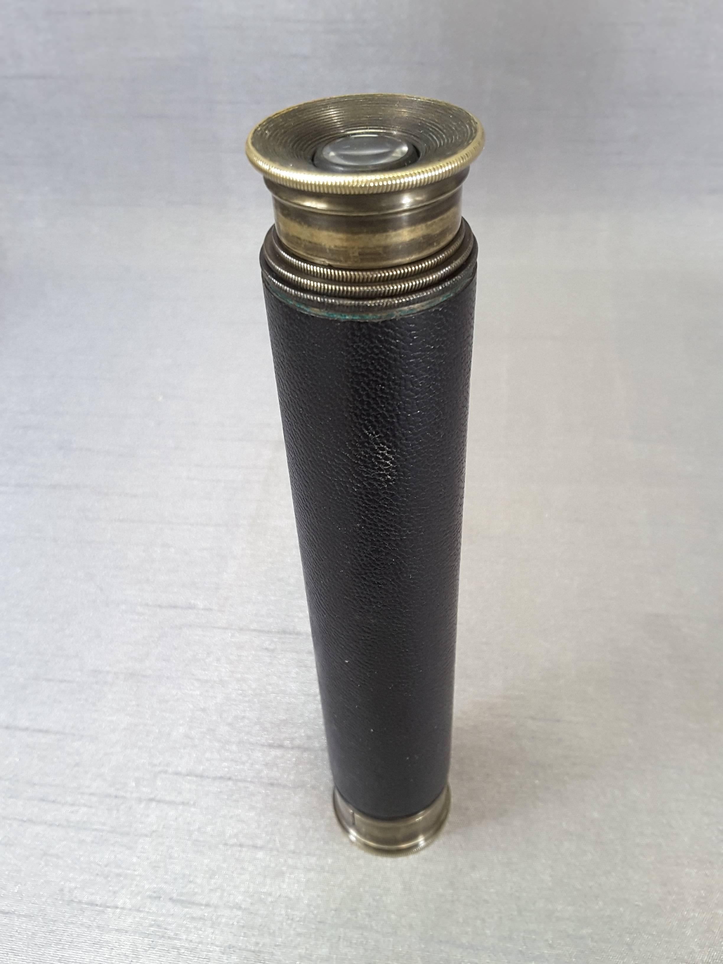 Newbold & Bulford 18X telescope “CUB”, Circa 1900.
A brass three draw brass telescope, the “Cub” 18 x by Enbeeco, London, England. Measures approximately 17 ¼” fully deployed, 6 ½” folded & 1 ½” diameter. Brass eyepiece cover. Leather binding.
    