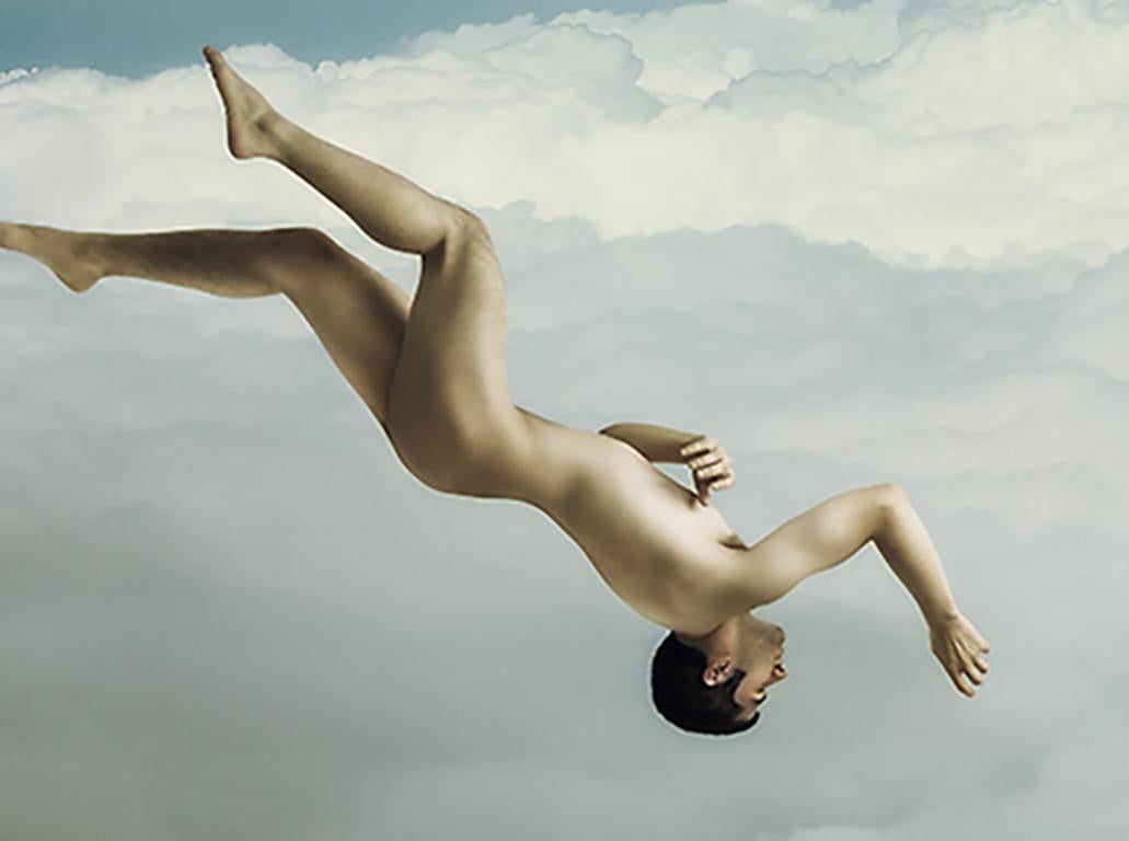 Ikarus #1 (Contemporary Nude in Sky Photograph Based of Traditional Greek Myth) (Grau), Figurative Photograph, von Newbold Bohemia