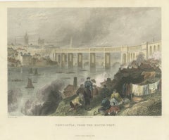 Newcastle, High Level Bridge, Hand Coloured Engraving, after Harvey, circa 1849
