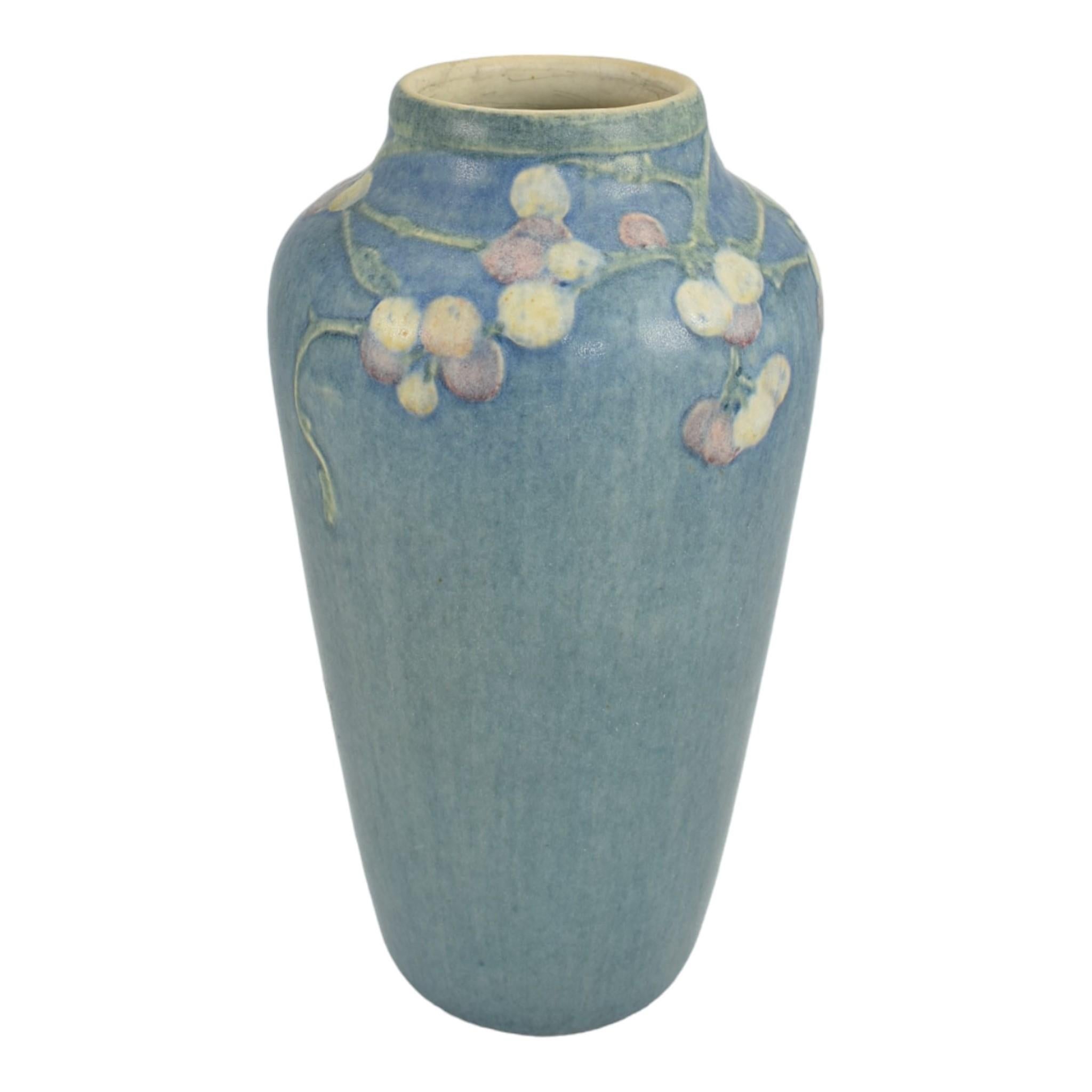 Early 20th Century Newcomb College 1915 Arts and Crafts Pottery Pink White Berries Blue Vase Irvine