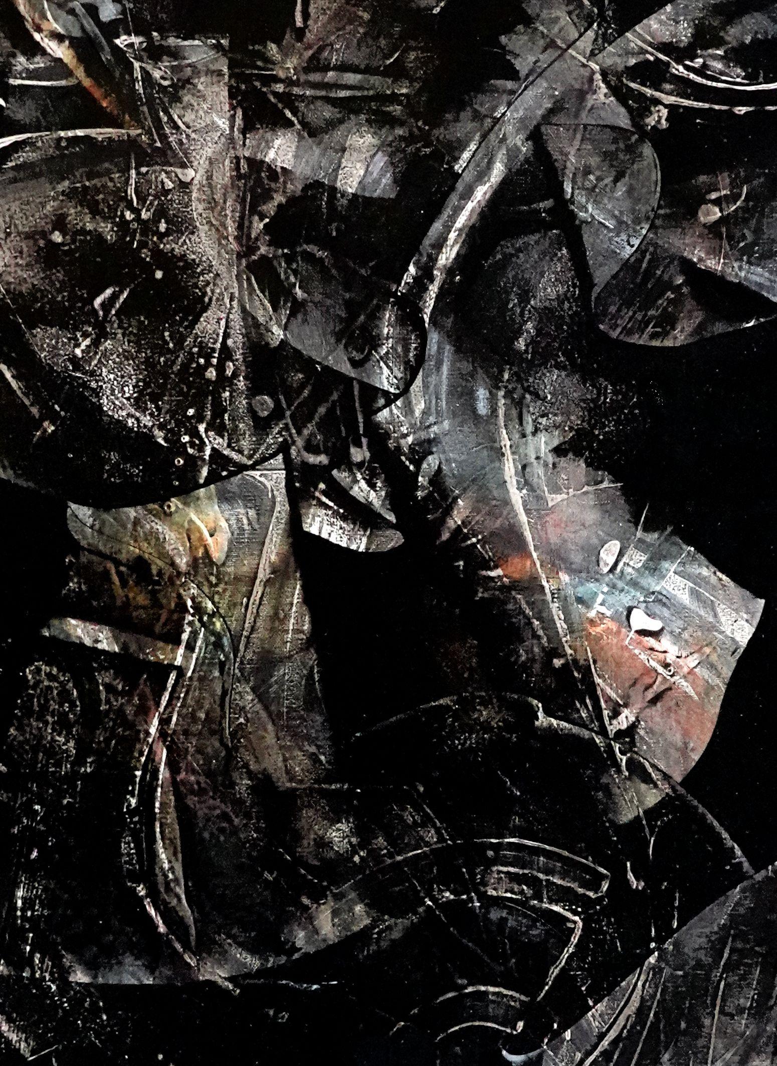 Turno di notte, Pittura, Acrilico su tela - Abstract Painting Nero di Newel Hunter