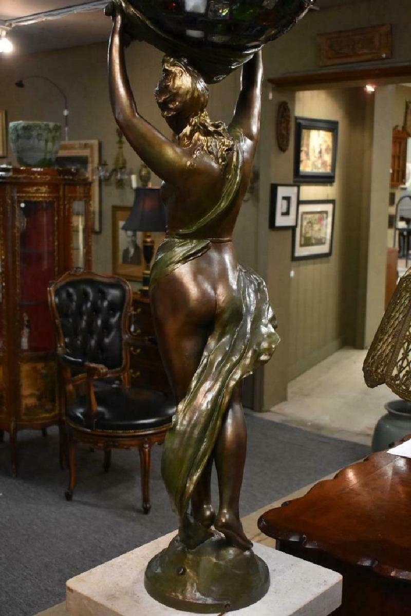 Newel Post Lamp Antique Art Nouveau Figural Nude Stained Glass In Good Condition In Toledo, OH