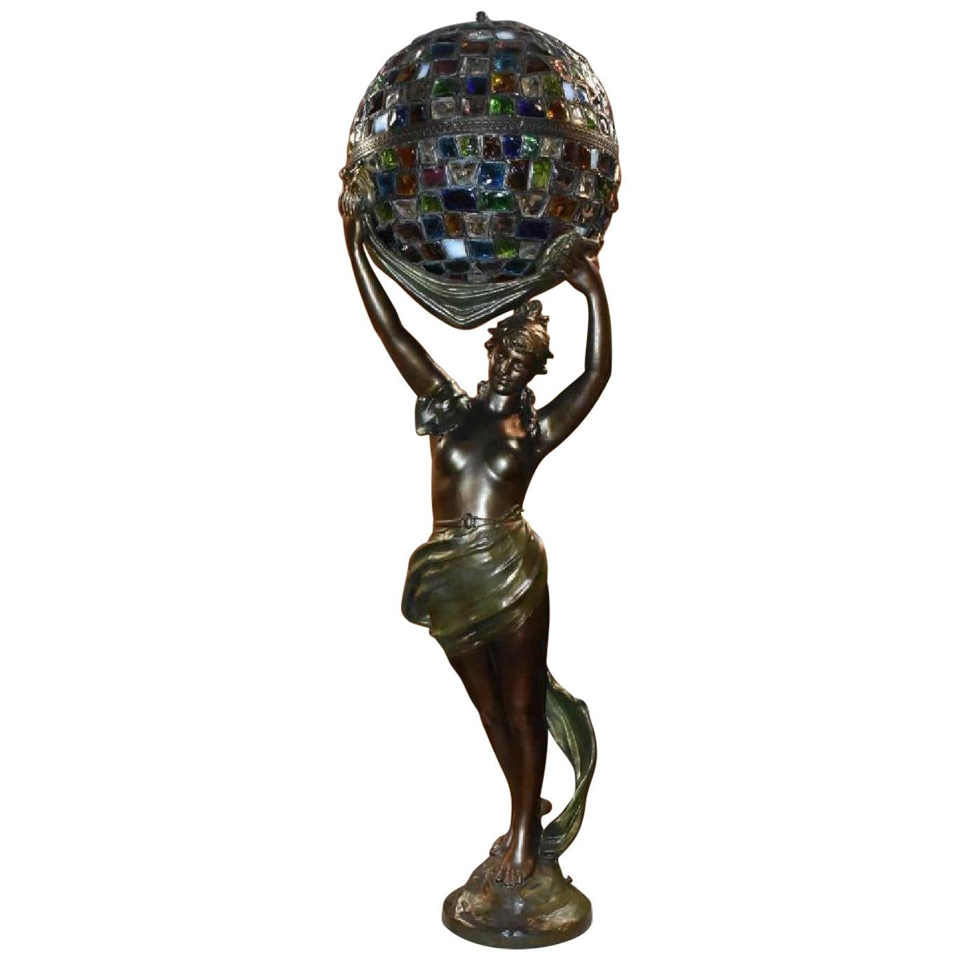 Newel Post Lamp Antique Art Nouveau Figural Nude Stained Glass