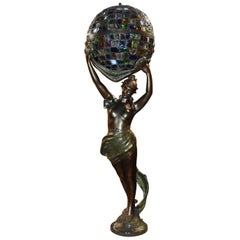 Lampe à poteau Newel Antique Art Nouveau Figural Nude Vitrail