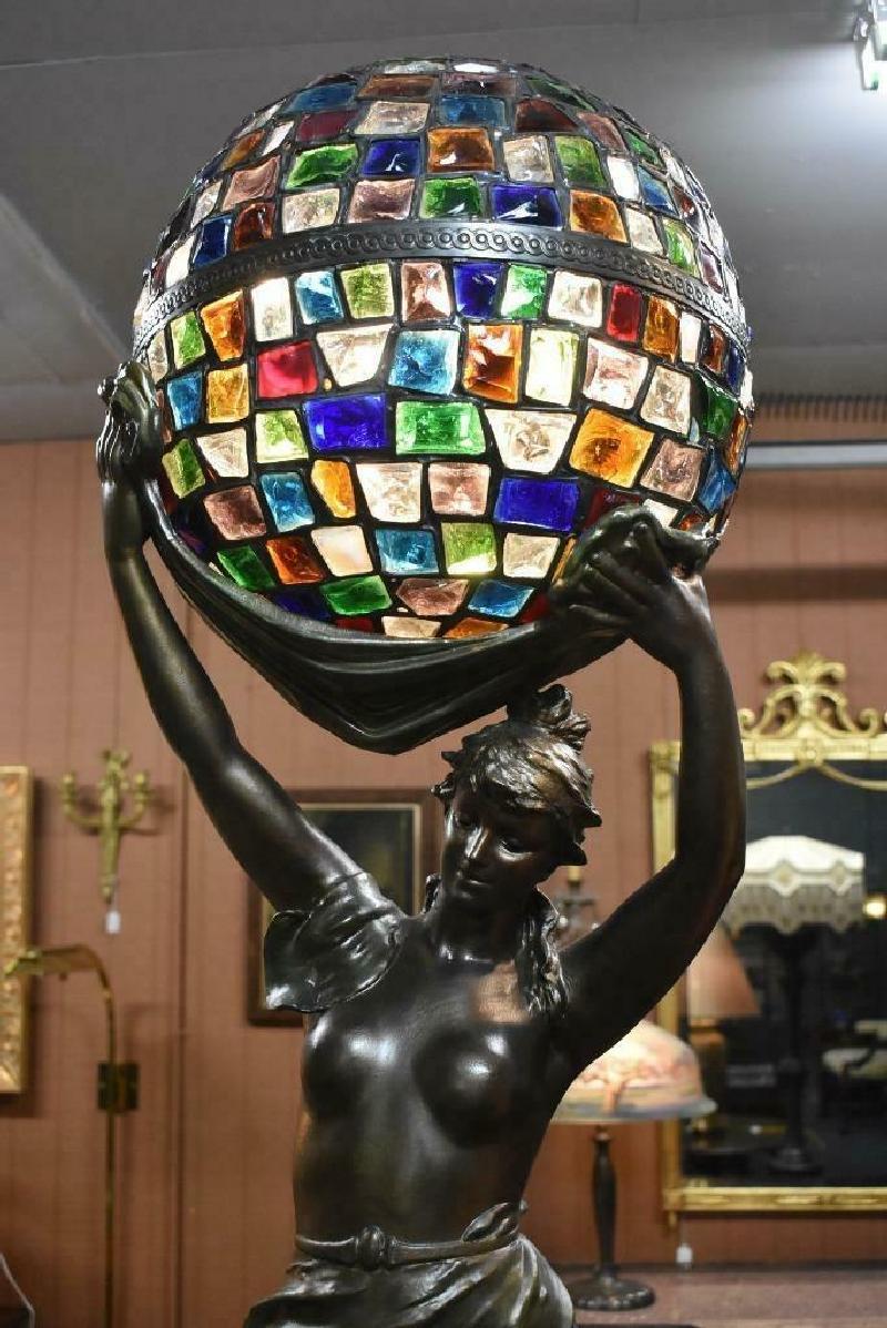 Antique Art Nouveau turn of the century spelter figural nude female stained glass newel post lamp. Lady holding a 14
