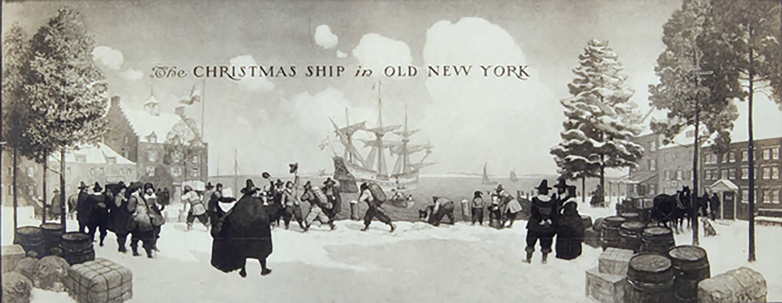The Christmas Ship in Old New York - Gray Landscape Painting by Newell Convers Wyeth
