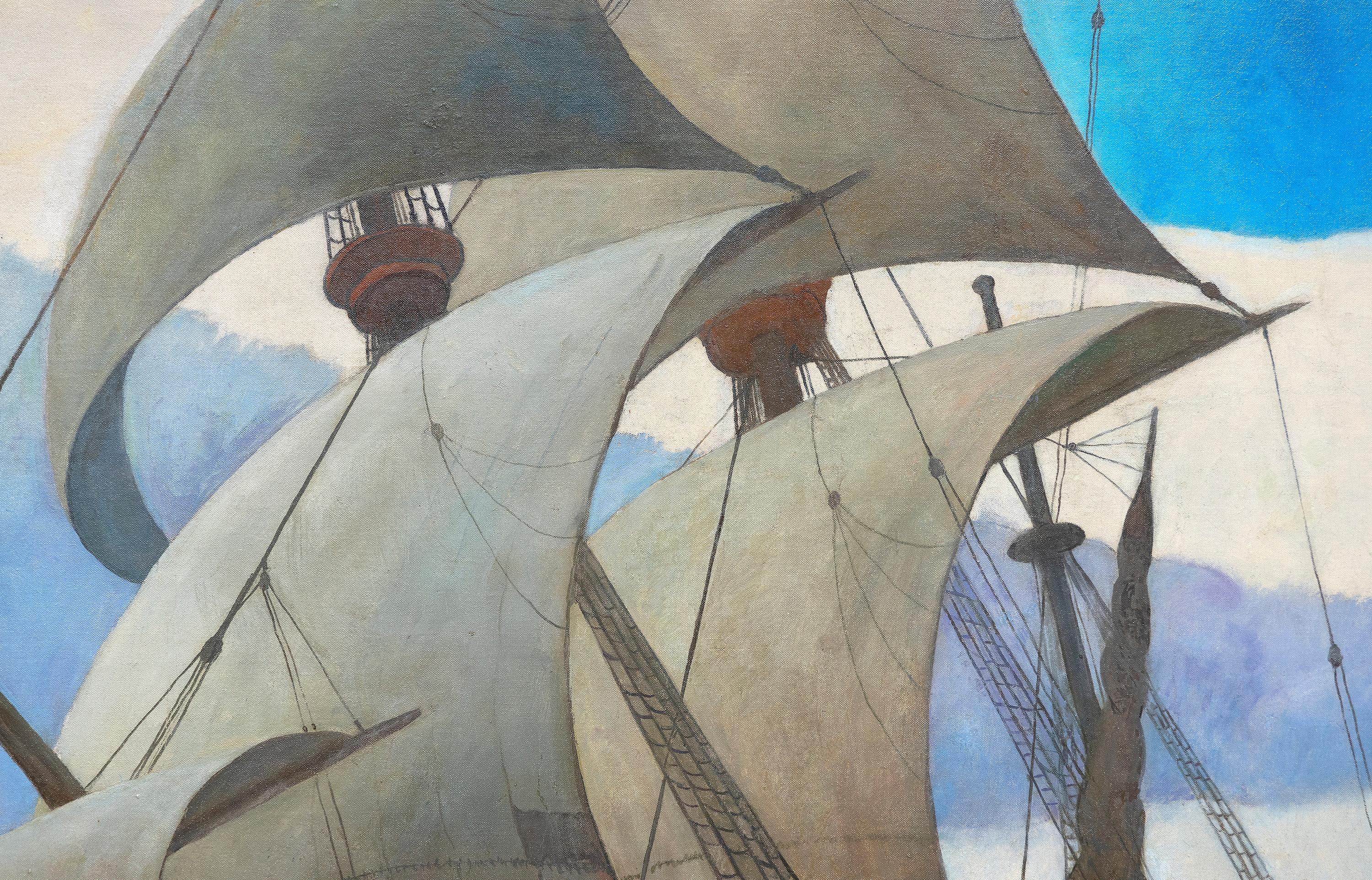 The Coming of the Mayflower in 1620 - Blue Landscape Painting by Newell Convers Wyeth