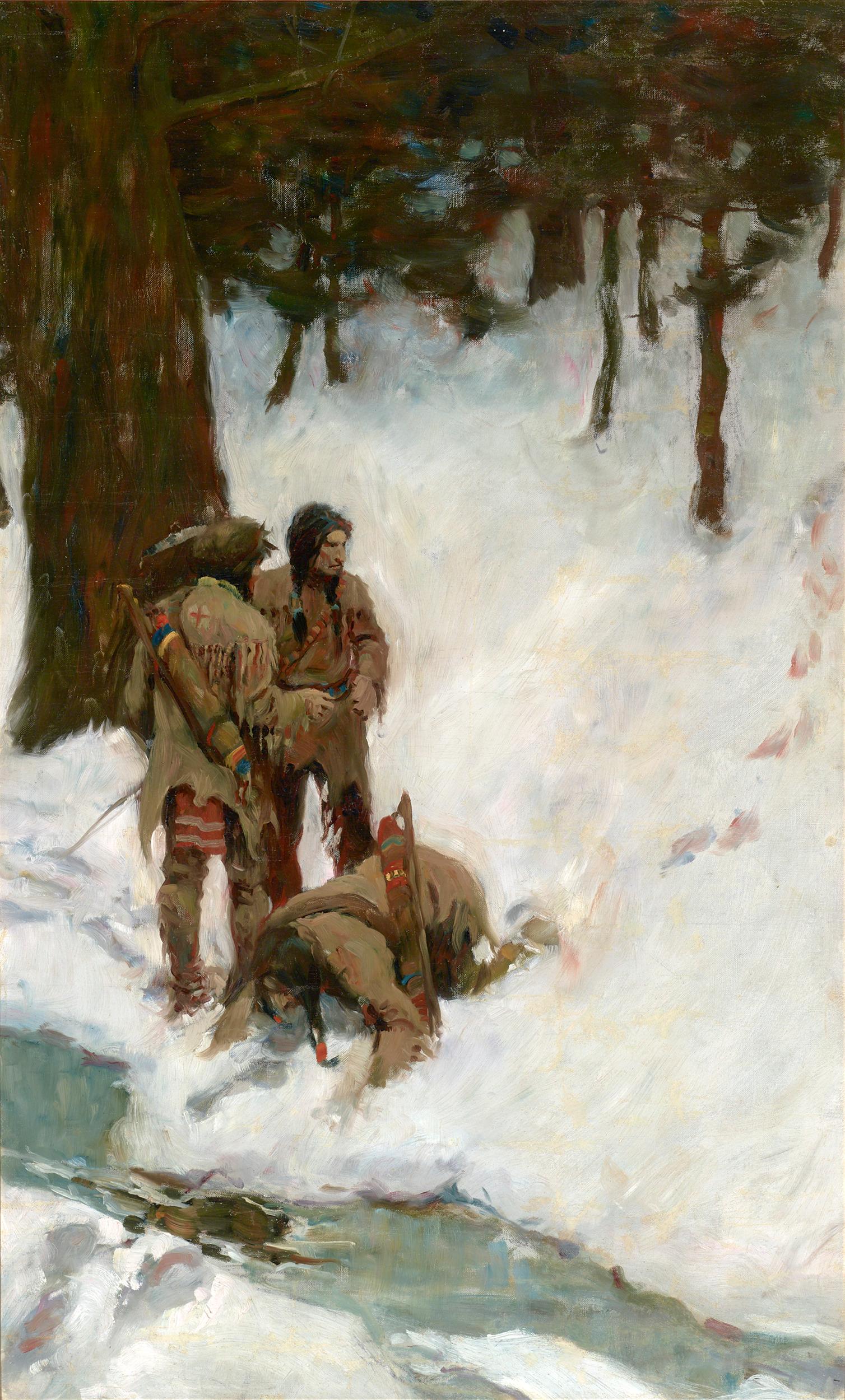 Untitled (Three Indians at a Stream in Snowy Woods) by N.C. Wyeth - Painting by Newell Convers Wyeth