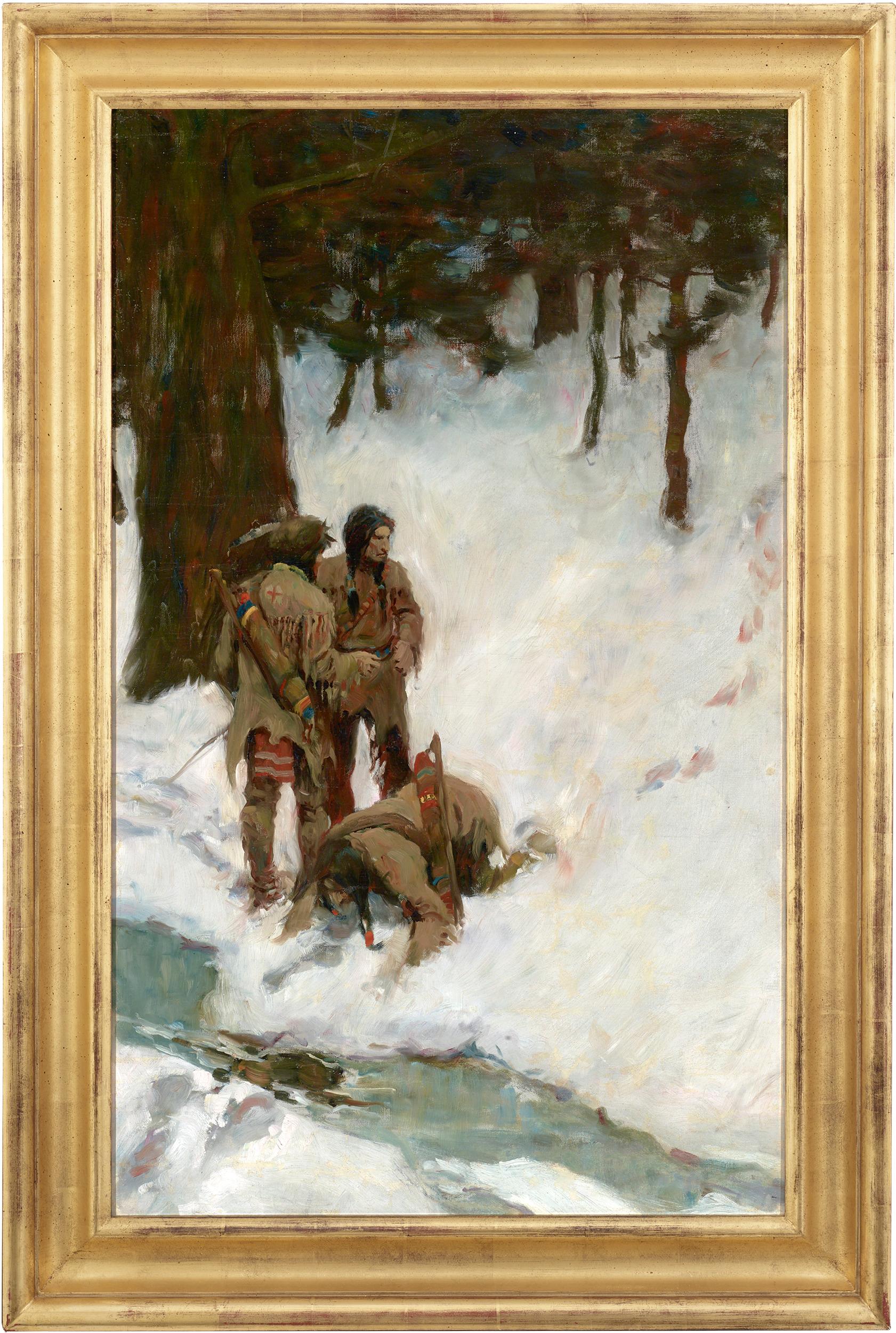 Newell Convers Wyeth Figurative Painting - Untitled (Three Indians at a Stream in Snowy Woods) by N.C. Wyeth