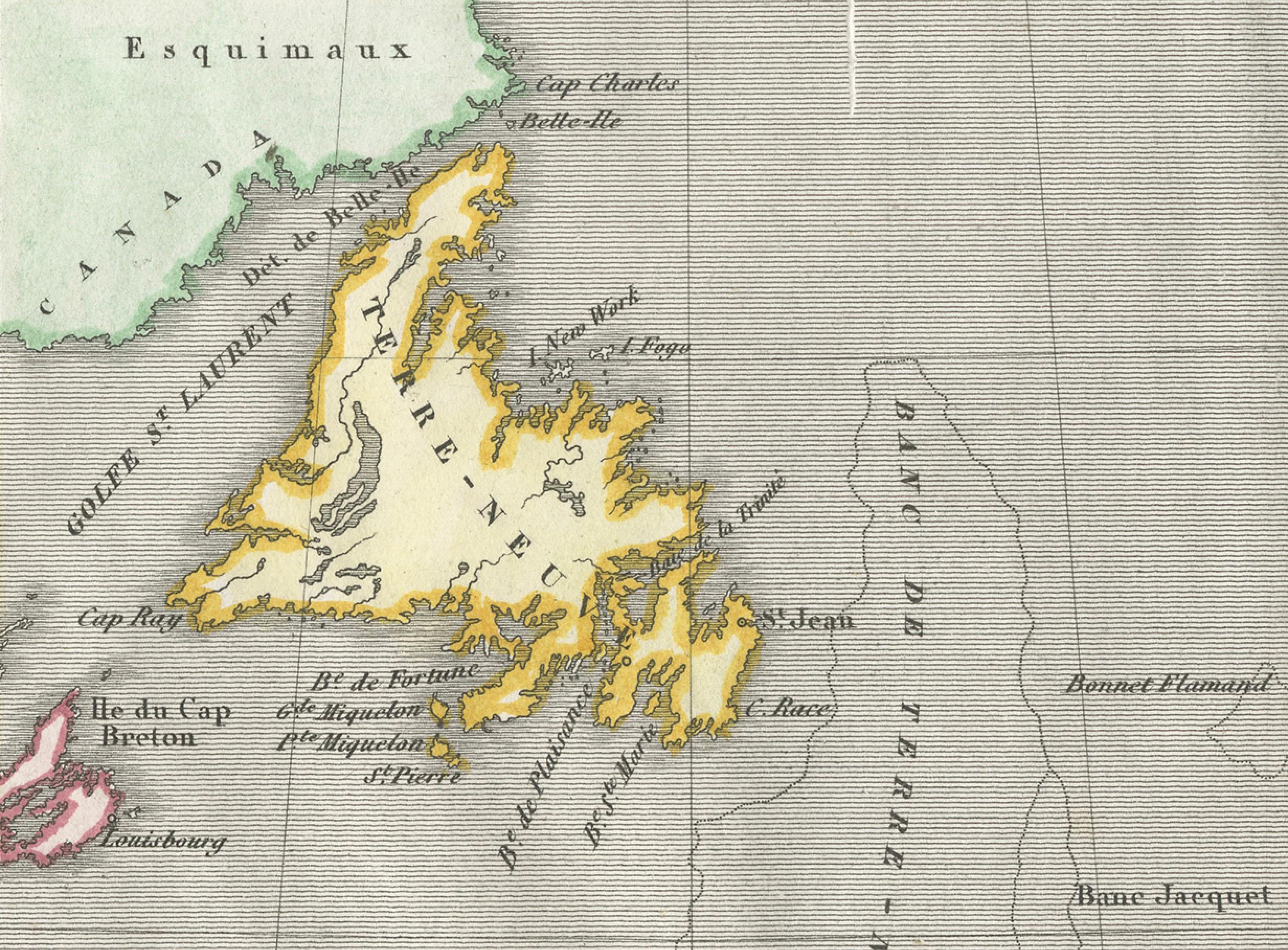 Papier Terre-Neuve et St. Pierre & Miquelon : Carte française du début du 19e siècle en vente