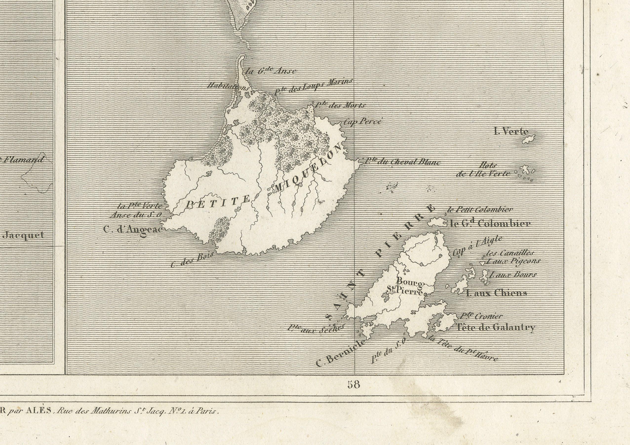 Inizio XIX secolo Terranova e St. Pierre & Miquelon: Mappa francese non colorata del 1820 circa in vendita