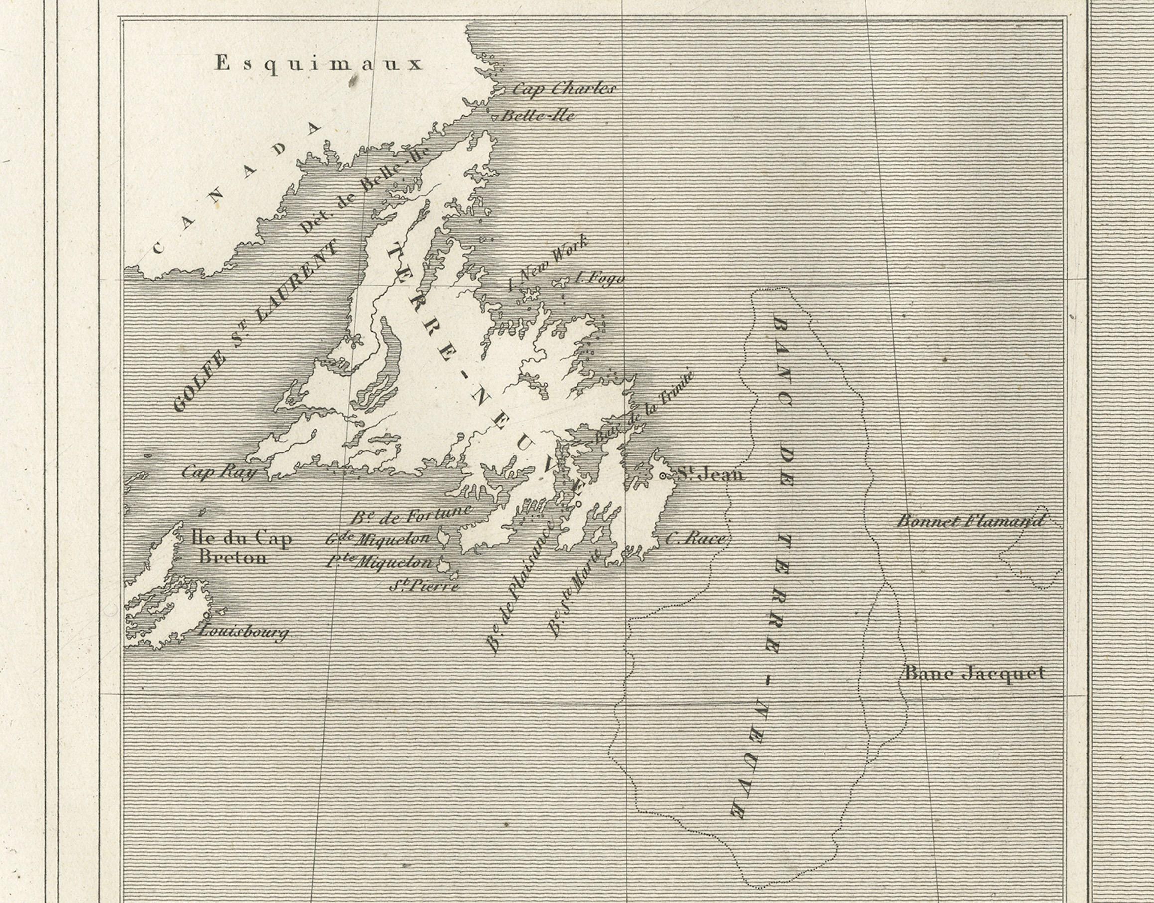 Carta Terranova e St. Pierre & Miquelon: Mappa francese non colorata del 1820 circa in vendita