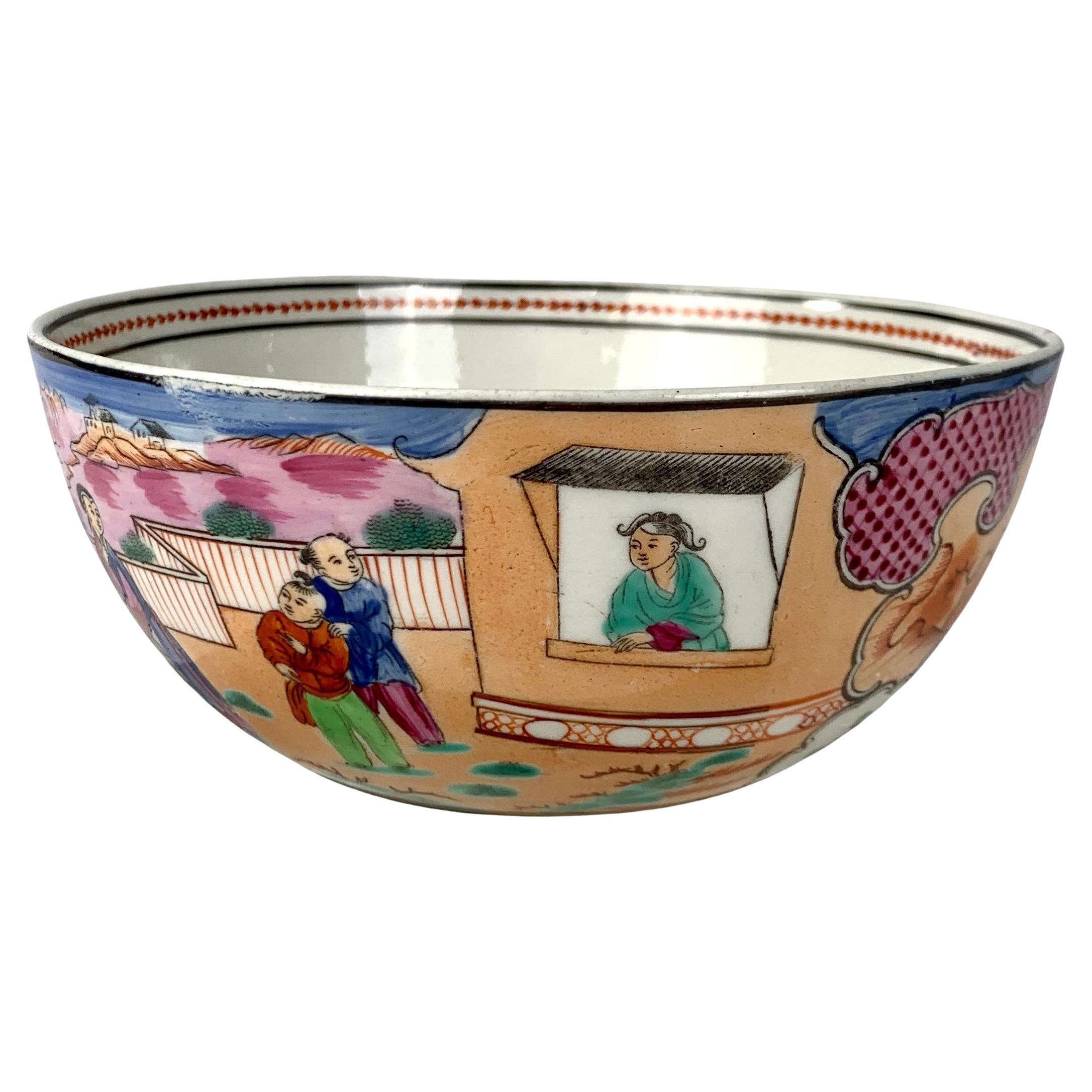 Boy in the Window Pattern Bowl Newhall Porcelain England Circa 1810 For Sale