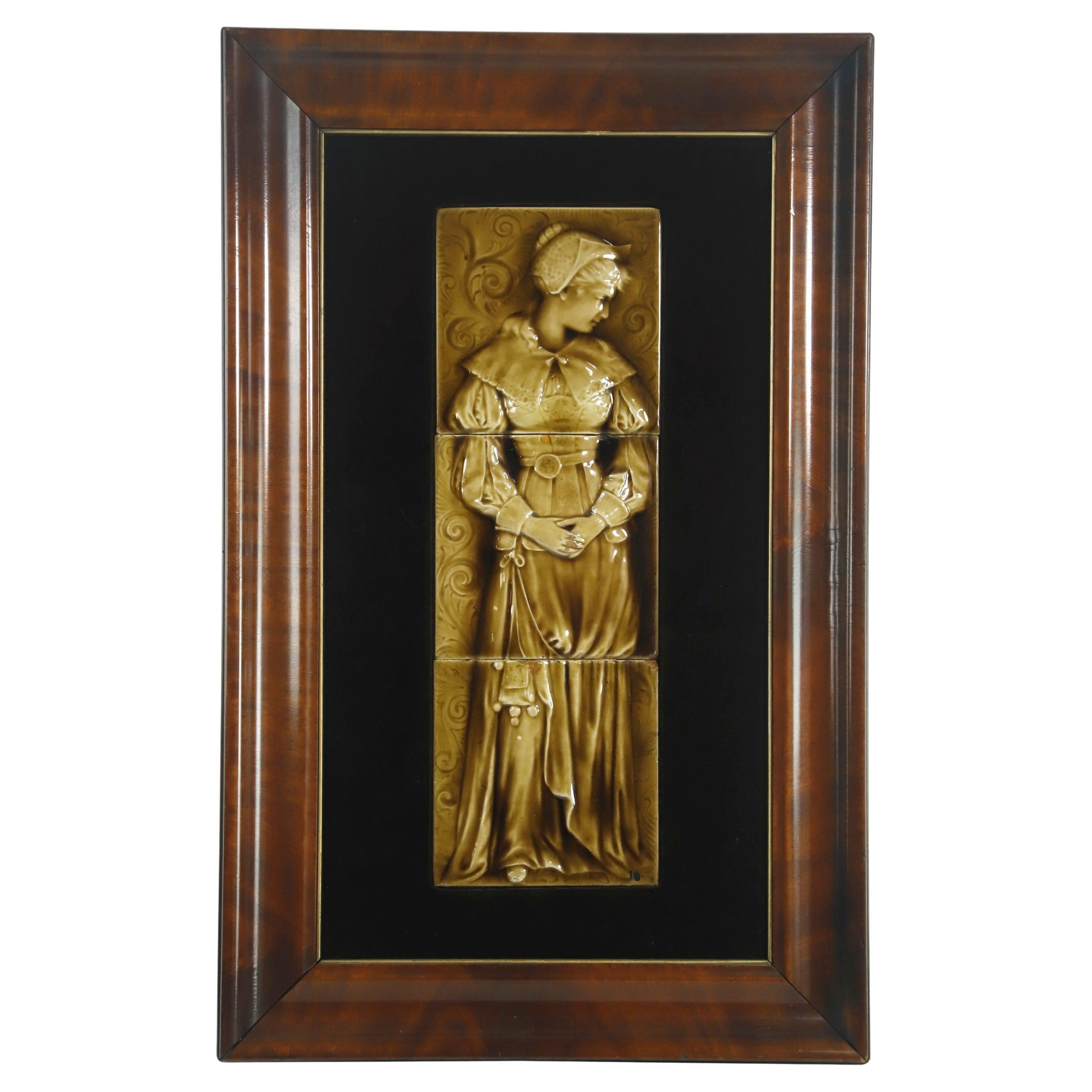 Newly Framed Antique Majolica-Glazed Figural 3 Pc Tile For Sale