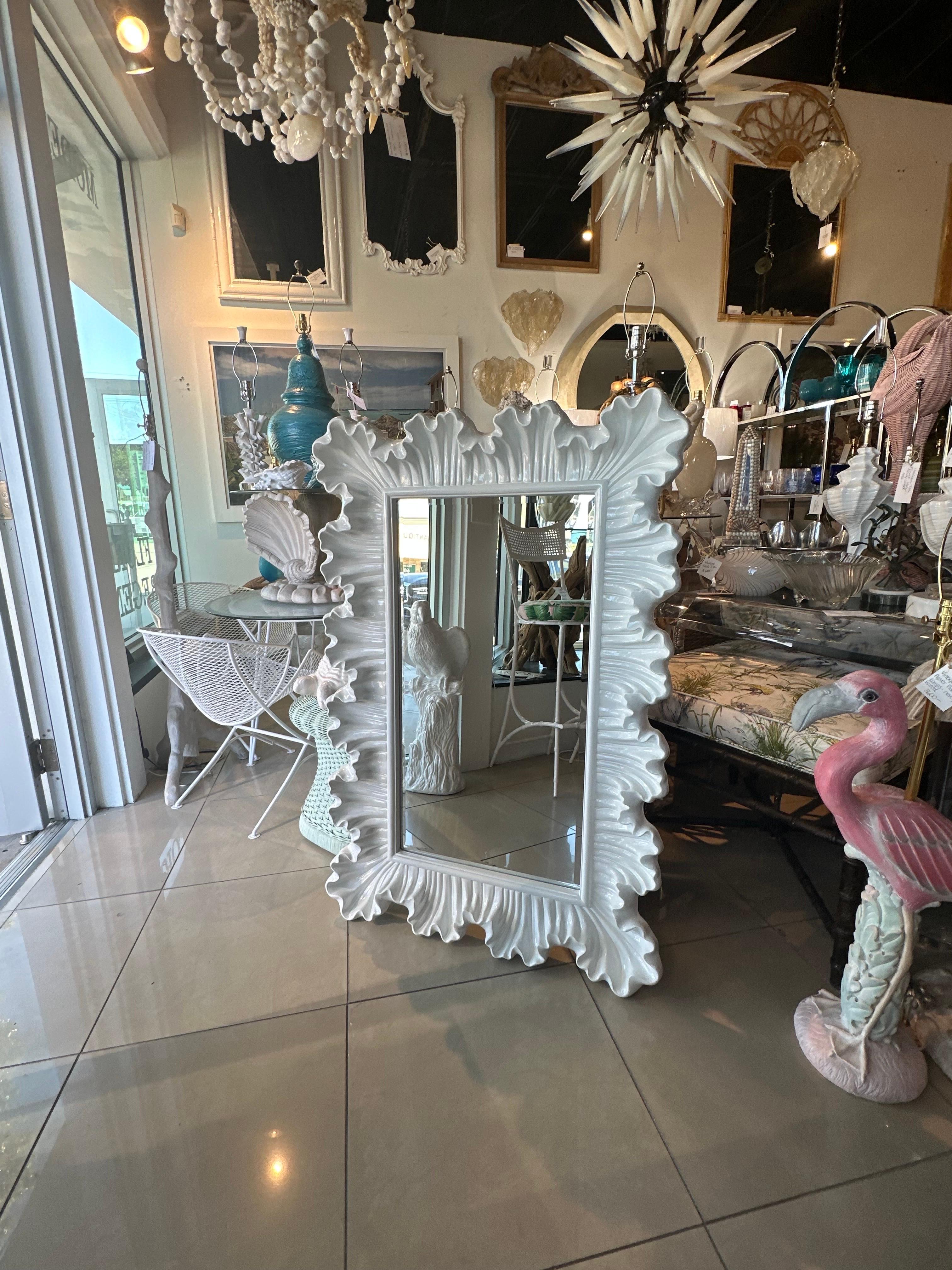 Newly Palm Beach White Lacquered Ruffle Scalloped Wall Mirror  For Sale 4
