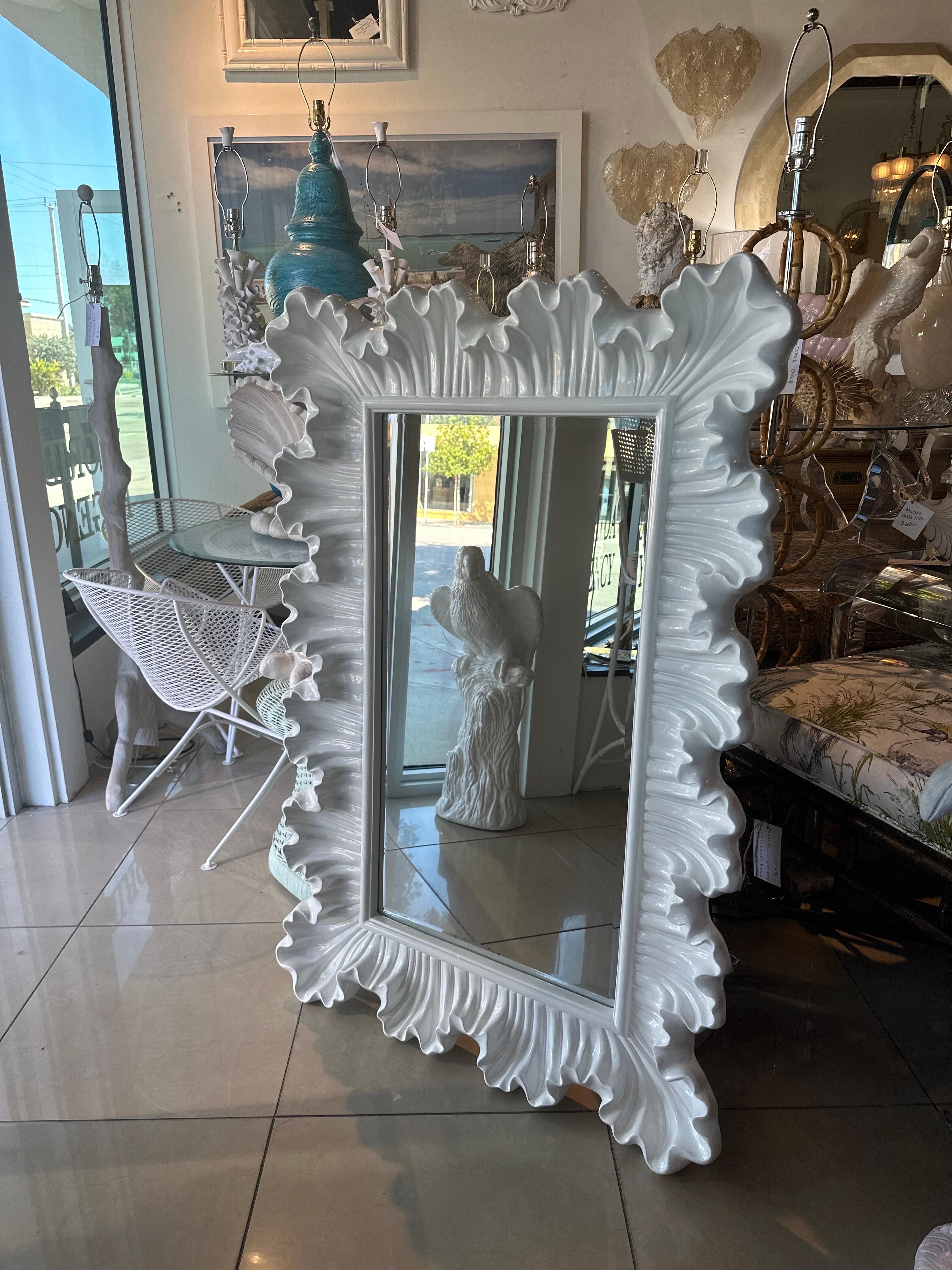 American Newly Palm Beach White Lacquered Ruffle Scalloped Wall Mirror  For Sale